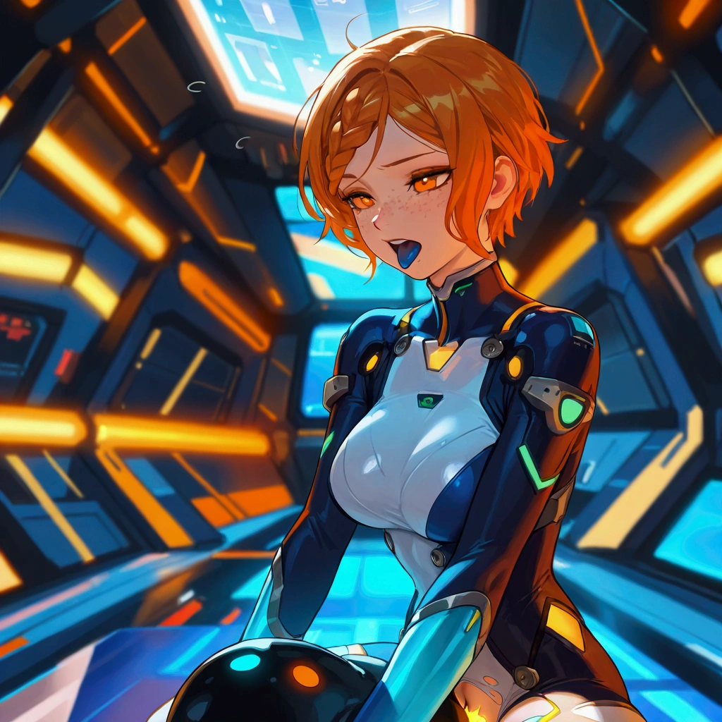 Ridiculous resolution, high resolution, (masterpiece:1.4), Hyper-detailing, 1 young woman, pelo rojo corto, pilotsuit, Sitting in an extremely narrow and enclosed mech control room, Operate the mech pole, Outside the window is the underwater world, The expression is excited, In the deep sea