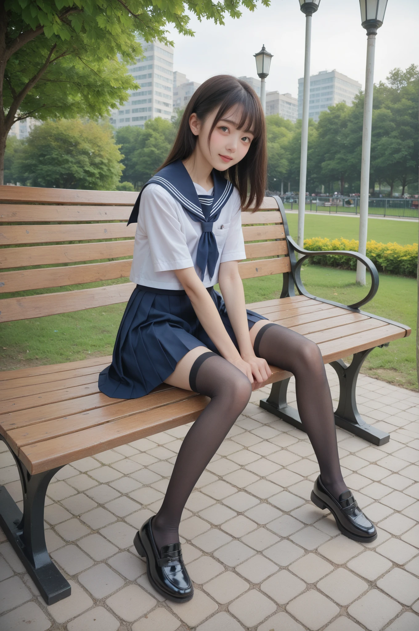   sailor suit ,***************************, cute girl,masterpiece,4K,8k,16k,  black stockings,  sit on a park bench , is short