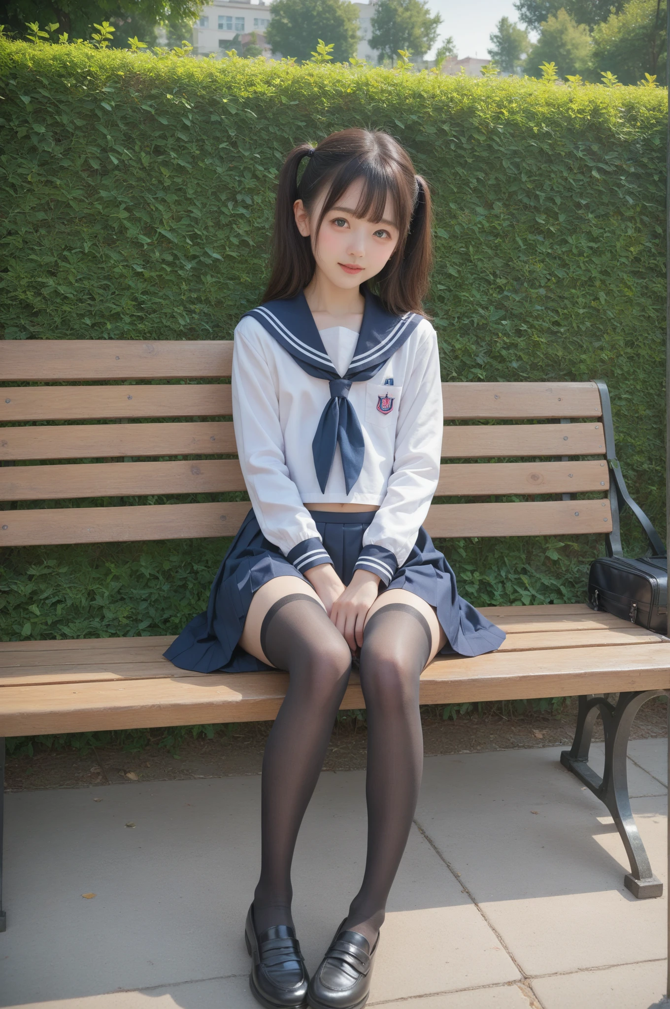   sailor suit ,***************************, cute girl,masterpiece,4K,8k,16k,  black stockings,  sit on a park bench , is short