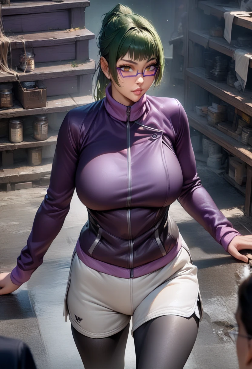 ( masterpiece,  finely detailed beautiful eyes  : 1.2), HDR-10,  realistic ,  High resolution, ( best quality,  masterpiece:1.2),  ultra detailed , (animated), 1 girl, Experience maki ,  green hair, collect,  long hair,  brown eyes, purple glasses,  side locks,  big breasts, Lips,  purple jacket ,  long sleeves,   white shorts  , Leggings, Leggings under shorts, Standing, ( looking at the spectator), (vista frontal),
