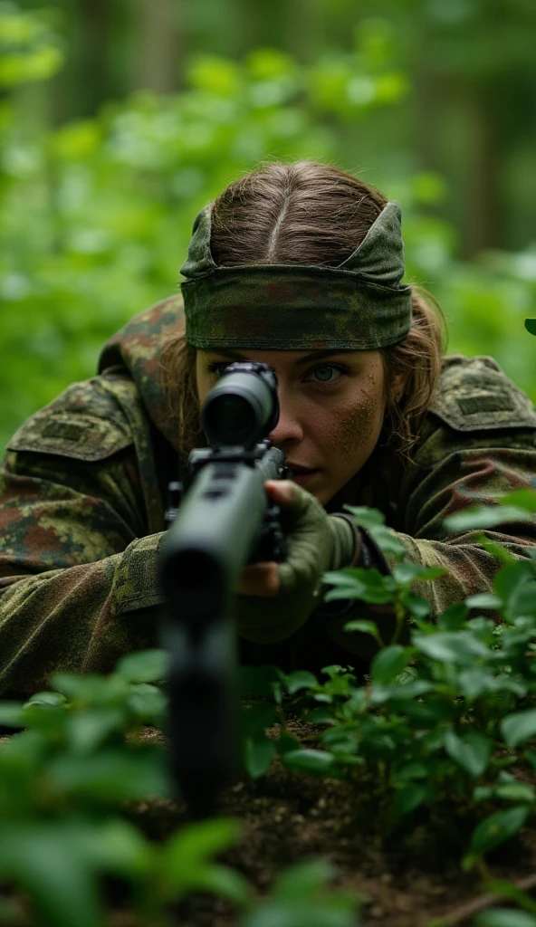 Photo of a female sniper, lying among the bushes in a forest, preparing to shoot her sniper rifle. She is wearing camouflage fatigues, a camouflage bandana head covering, camouflage gloves, and dirt on her face   