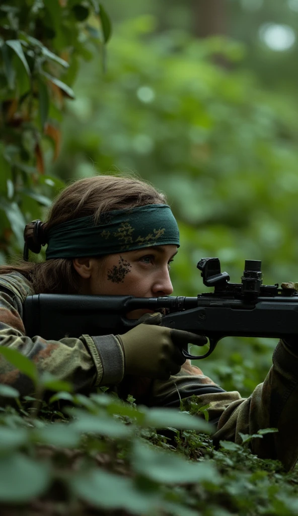 Photo of a female sniper, lying among the bushes in a forest, preparing to shoot her sniper rifle. She is wearing camouflage fatigues, a camouflage bandana head covering, camouflage gloves, and dirt on her face   