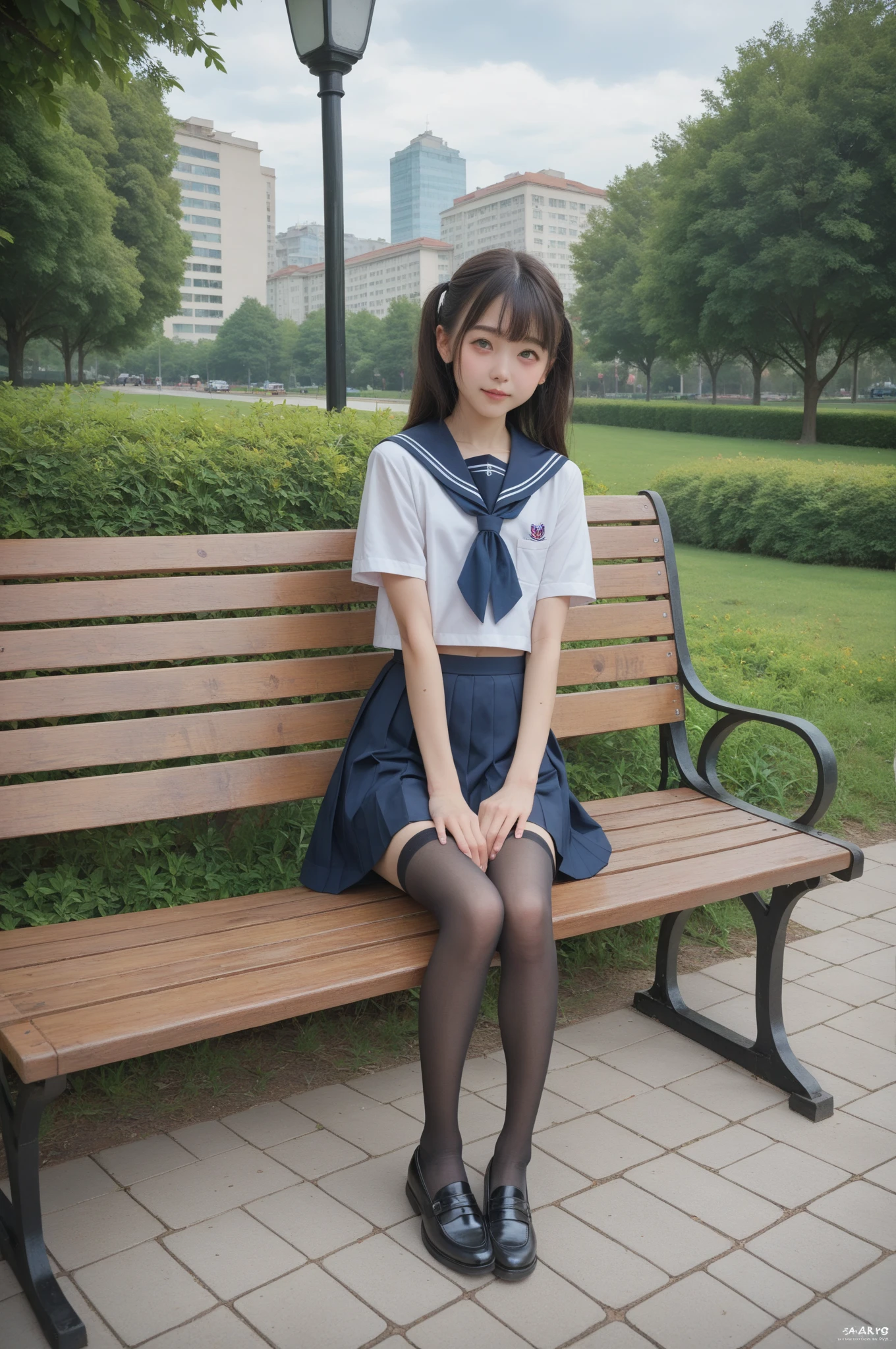   sailor suit ,***************************, cute girl,masterpiece,4K,8k,16k,  black stockings,  sit on a park bench , is short