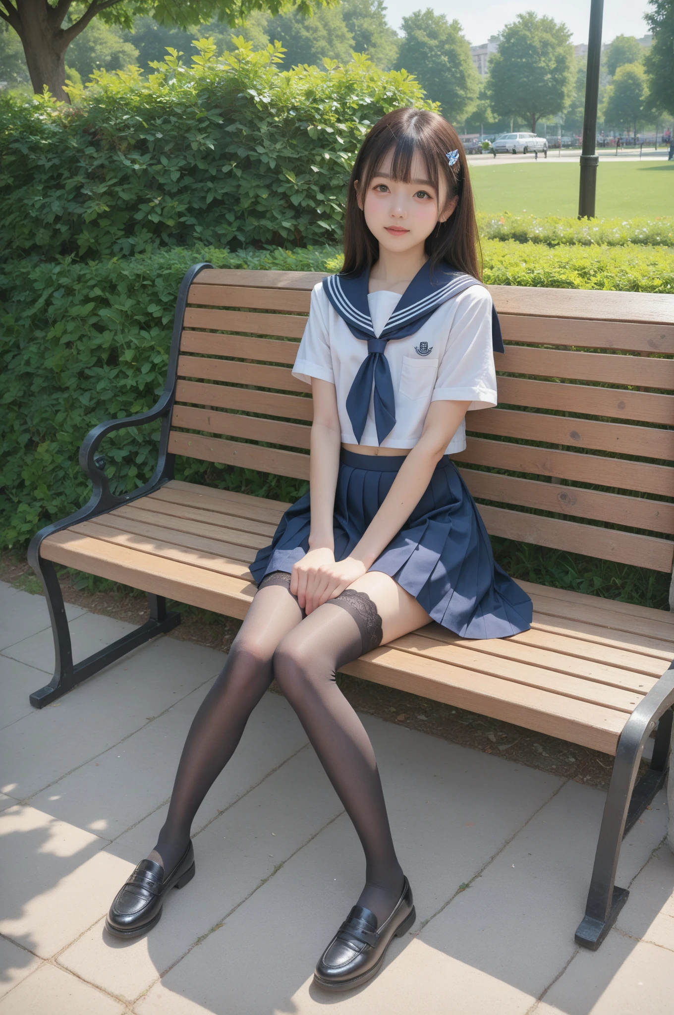   sailor suit ,Junior high school students, cute girl,masterpiece,4K,8k,16k,  black stockings,  sit on a park bench , is short