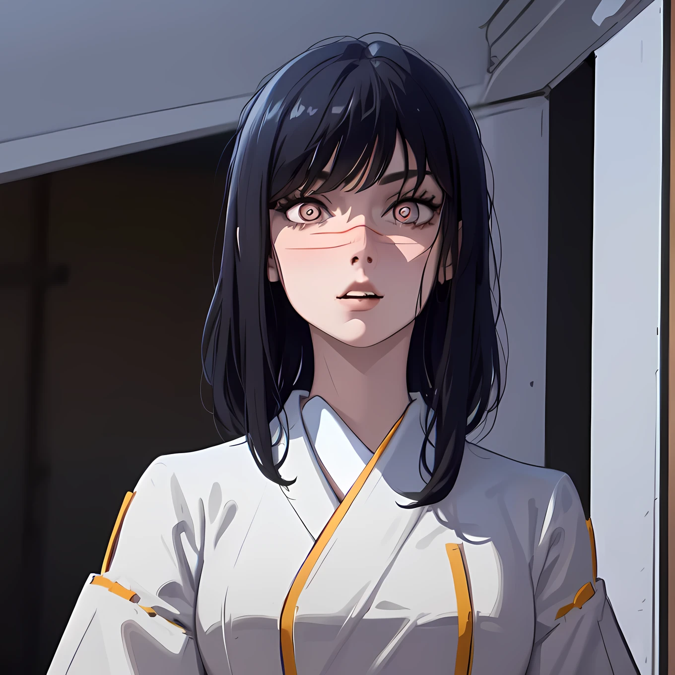   Artwork , best qualityer, ultra details,  a girl, aged up_Far above, Standing alone,  looking at the spectator , you,  black hair,  long black hair cut hime, Japanese Miko costume , close-Far above,  beautiful and detailed eyes ,  detailed eyes ,  super detailed eyes , best qualityer 