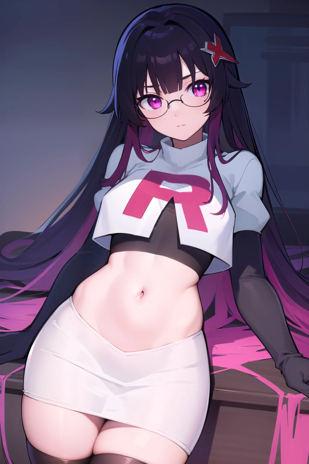 honkaisparkle, black hair, colored inner hair, glasses, hair intakes, hair ornament, hairclip, long hair, multicolored hair, (pink eyes:1.3), purple hair, straight hair,
BREAK glasses, team rocket,team rocket uniform,white skirt,red letter R,crop top,black thigh-highs,black elbow gloves,
BREAK looking at viewer, cowboy shot,
BREAK (masterpiece:1.2), best quality, high resolution, unity 8k wallpaper, (illustration:0.8), (beautiful detailed eyes:1.6), extremely detailed face, perfect lighting, extremely detailed CG, (perfect hands, perfect anatomy),