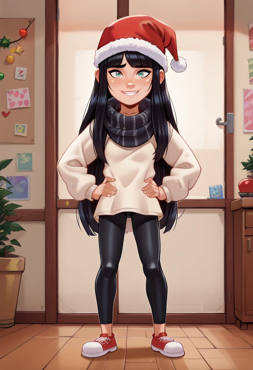 1girl, full body, solo, addie mccallister, long black hair, blunt bangs, tube scarf, beige sweater, black leggings, Andystyle, Standing, wearing a Christmas Hat, Hands on Hips, Cute Smile, ((School)), 4k