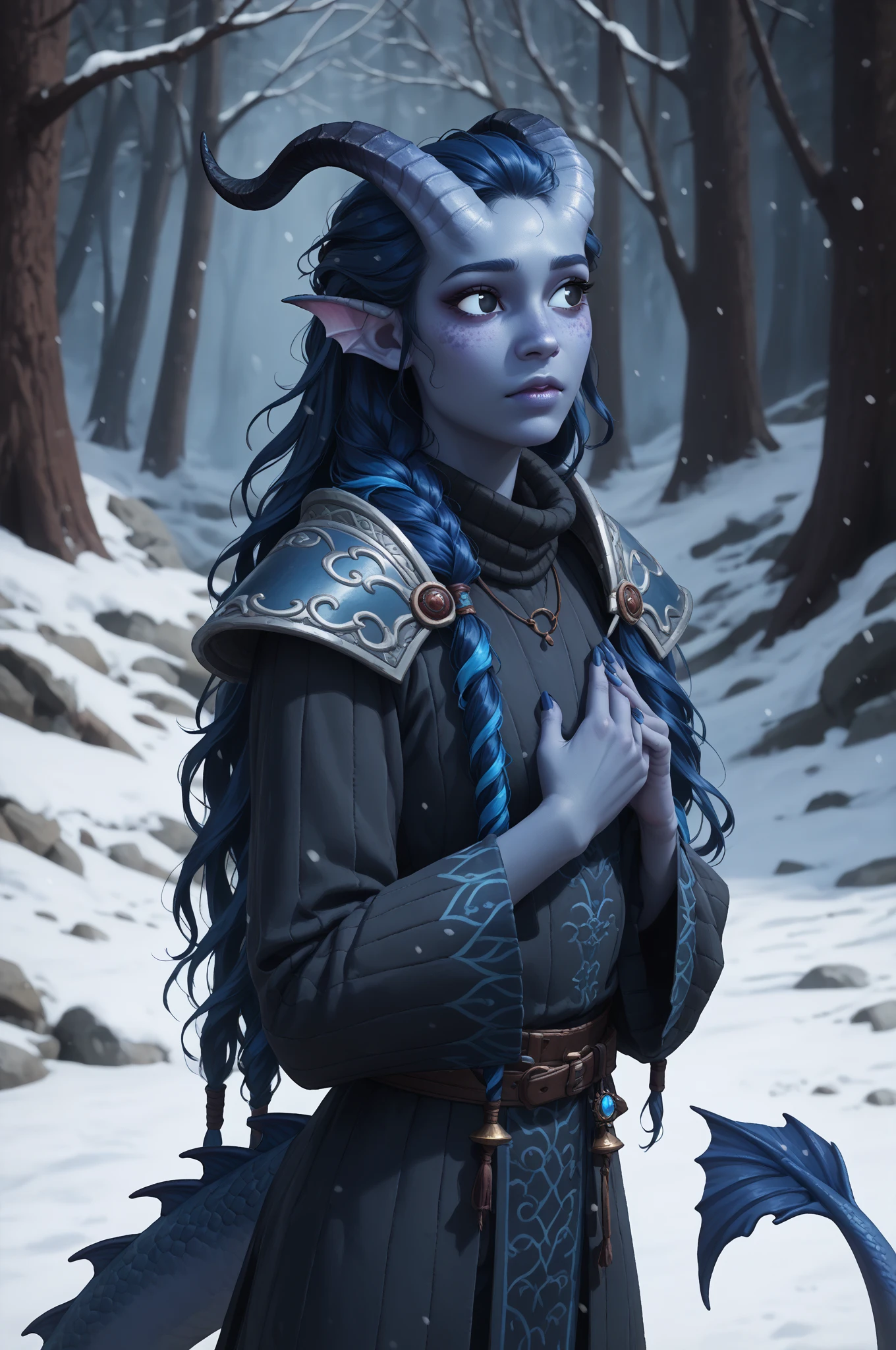 (A snow-covered cedar ,  the winter cedar forest against the background of ), (1Тiefling ,  dark blue-gray skin :1.5), ( very thick long tiefling dragon tail :1.5), ( long black flowing hair with dark blue tips:1.4), ( the bright blue-black pigmentation on the face :1.5), (blue-black freckles :1.2) , ( 2little fins on their heads :1.4), (bright blue-grey pupils,  Black eyes :1.4), ( blue-black pigmentation on the skin :1.5), ( dark grey straight short horns ), ( blue and black pigmentation on the tail :1.5),  girl  , (kind face), (на лице эмоции от coldа), (coldно:1.2), [curiosity ], (35 years old:1.5), (adult:1.2), (Deep look:1.3), (запорошена в  snow у:1.1) , (покрыта  snow ом), (ежится от coldа:1.1) , ( frost on eyelashes :1.1), ( fur collar armor), (белый  snow  на голове:1.2), ( fur armor ), ( snow  на рогах и на голове:1.2), (chainmail), (you can see pigmentation on his shoulder ), (tail protection), (hands pressed to chest:1.3), (трясётся от coldа:1.1), [ snowy winter ], (visible in full), ( stands in front of the entrance to a dark cave :1.3), (очень coldно), (dark:1.2), (blizzard,  snow , cold) , ( is standing with your back:1.2), ( looks expectantly over his shoulder :1.6), ( top quality ), ( masterpiece fails), ( highest detail),  fantasy background, blue tones, Dark tones, dark shades,  muted colors, [Night], (a dark scary cave in the background).