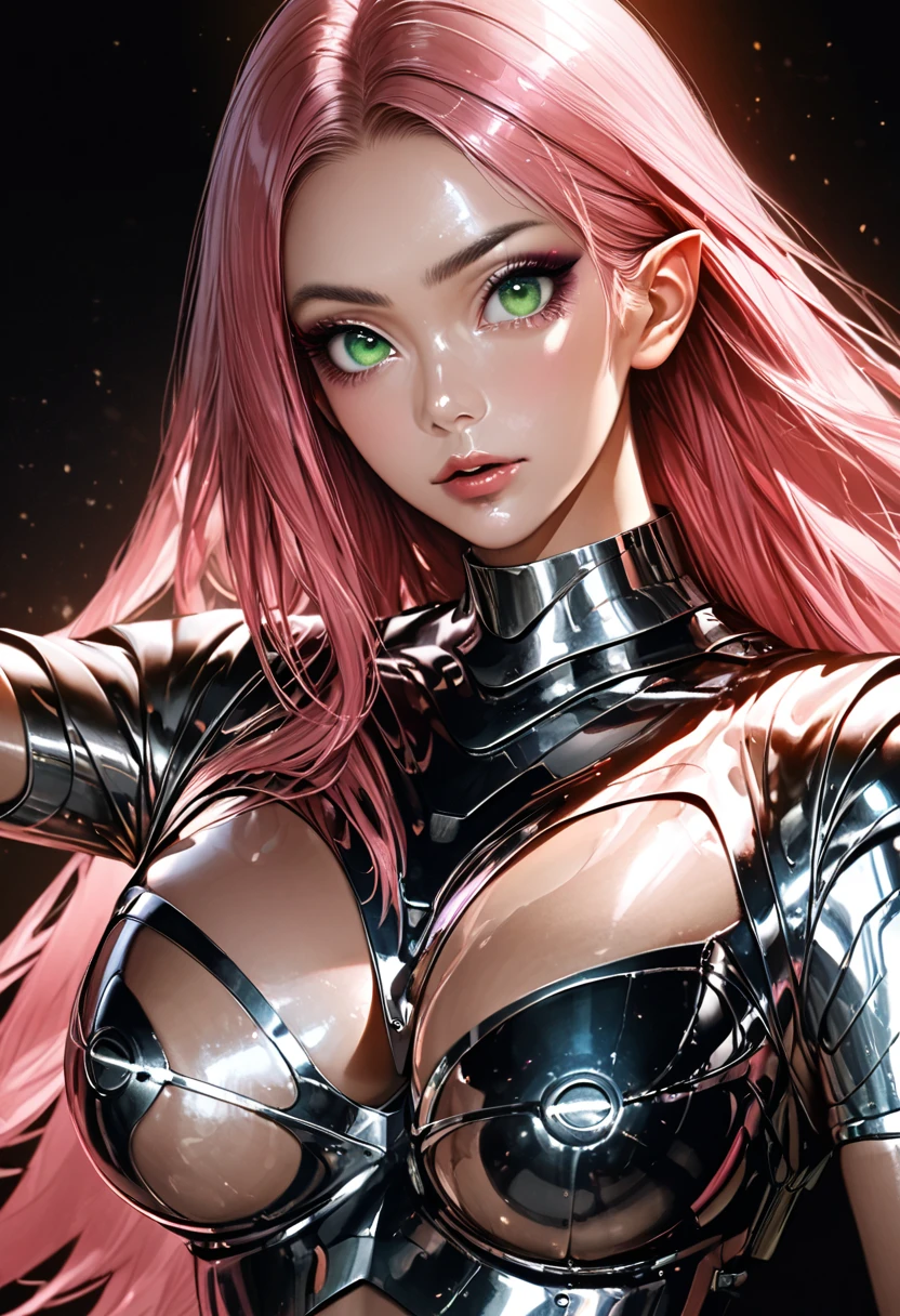 (ultra realistic,32k,RAW photo:1.1),(high detailed skin:1.1), 8k uhd, high quality, (makeup, mascara:1.1), 1 elf girl, full pink lips, (shiny glossy translucent clothing:1.1), pink hair, long straight hair, center division, (beautiful green eyes, perfect eyes), cybaster super robot wars armor, robot armor, (huge breast:0.9), (busty:1.1), (Specular highlight radiant :1.1),dark theme