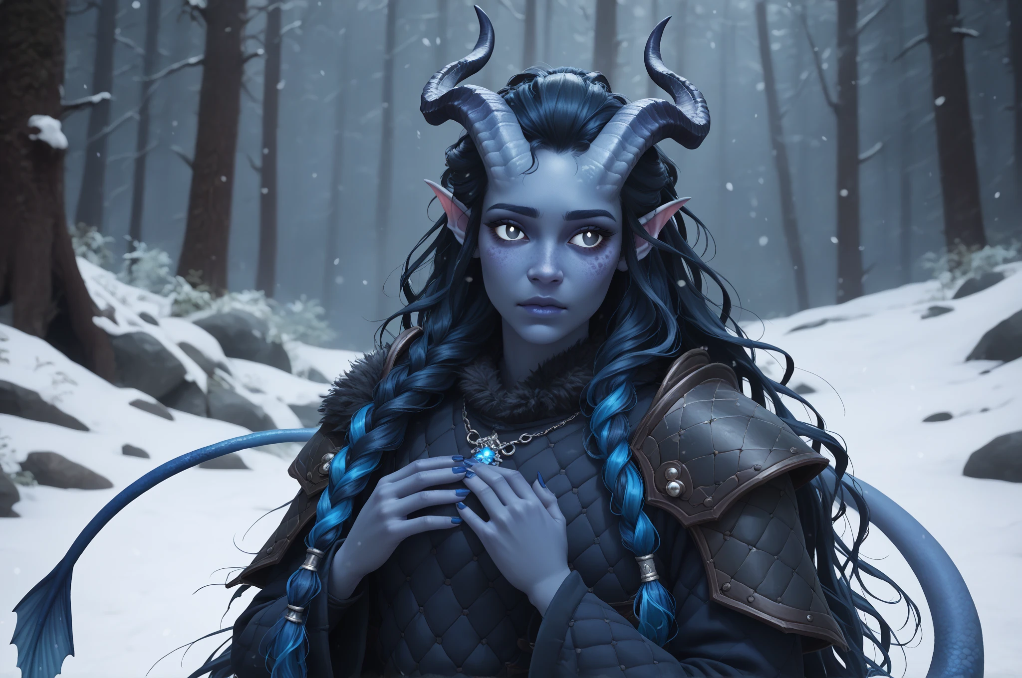 (A snow-covered cedar ,  the winter cedar forest against the background of ), (1Тiefling ,  dark blue-gray skin :1.5), ( very thick long tiefling dragon tail :1.5), ( long black flowing hair with dark blue tips:1.4), ( the bright blue-black pigmentation on the face :1.5), (blue-black freckles :1.2) , ( 2little fins on their heads :1.4), (bright blue-grey pupils,  Black eyes :1.4), ( blue-black pigmentation on the skin :1.5), ( dark grey straight short horns ), ( blue and black pigmentation on the tail :1.5),  girl  , (kind face), (на лице эмоции от coldа), (coldно:1.2), [curiosity ], (35 years old:1.5), (adult:1.2), (Deep look:1.3), (запорошена в  snow у:1.1) , (покрыта  snow ом), (ежится от coldа:1.1) , ( frost on eyelashes :1.1), ( fur collar armor), (белый  snow  на голове:1.2), ( fur armor ), ( snow  на рогах и на голове:1.2), (chainmail), (you can see pigmentation on his shoulder ), (tail protection), (hands pressed to chest:1.3), (трясётся от coldа:1.1), [ snowy winter ], (visible in full), ( stands in front of the entrance to a dark cave :1.3), (очень coldно), (dark:1.2), (blizzard,  snow , cold) , ( is standing with your back:1.2), ( looks expectantly over his shoulder :1.6), ( top quality ), ( masterpiece fails), ( highest detail),  fantasy background, blue tones, Dark tones, dark shades,  muted colors, [Night], (a dark scary cave in the background).