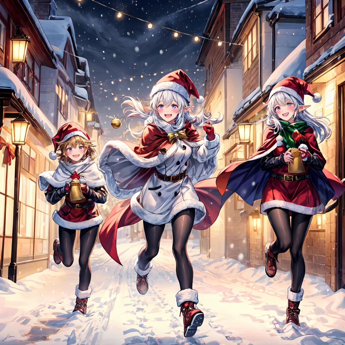 Three cheerful Christmas elf ren wearing festive red capes trimmed with white fur, joyfully running through a snow-covered street at dusk. Each holds a small golden bell in their hand, jingling as they run, leaving soft footprints in the snow. The scene is vibrant with twinkling holiday lights strung along nearby houses, glowing warmly in contrast to the cool, snowy surroundings. Their expressions are full of excitement and holiday spirit, with their capes flowing behind them as they move. Detailed textures, soft lighting, cinematic framing, magical winter atmosphere, vivid colors, festive details.