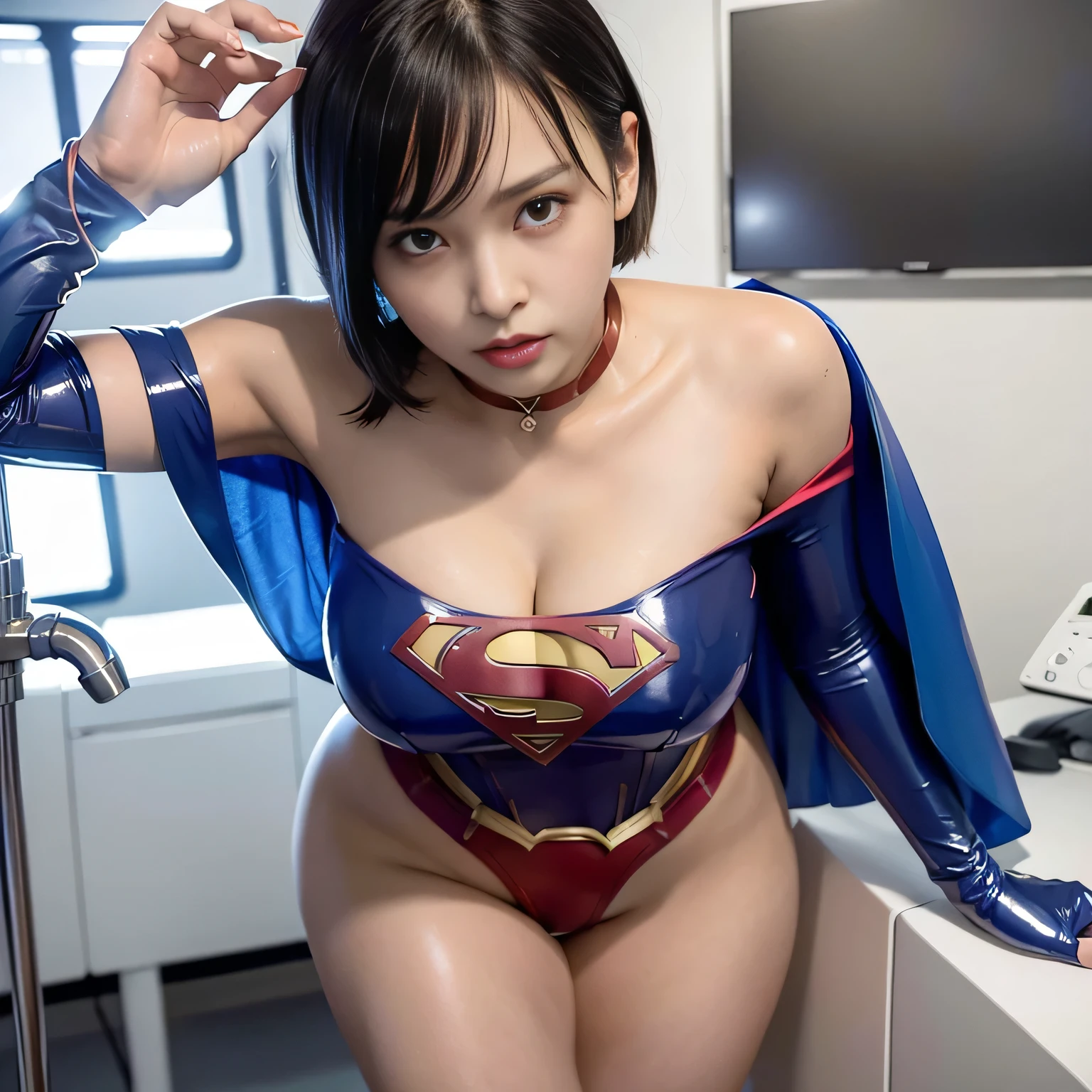 masterpiece、Rubber Supergirl Costume、Short Hair、Hospital operating table、Crisis situation、Big and ample breasts、looking at the camera、Shiny、Off the shoulder、choker、Long sleeve、exy poses to seduce、Sweaty skin、Model Body Type、Alluring、charm、Enchanting、Abused、test subject、victim、Wild、Photorealistic、latex、Expose your belly、athlete、Racing Bloomers、Photo magazine cover、Red cloak、Beautiful thighs、wallpaper for pc、