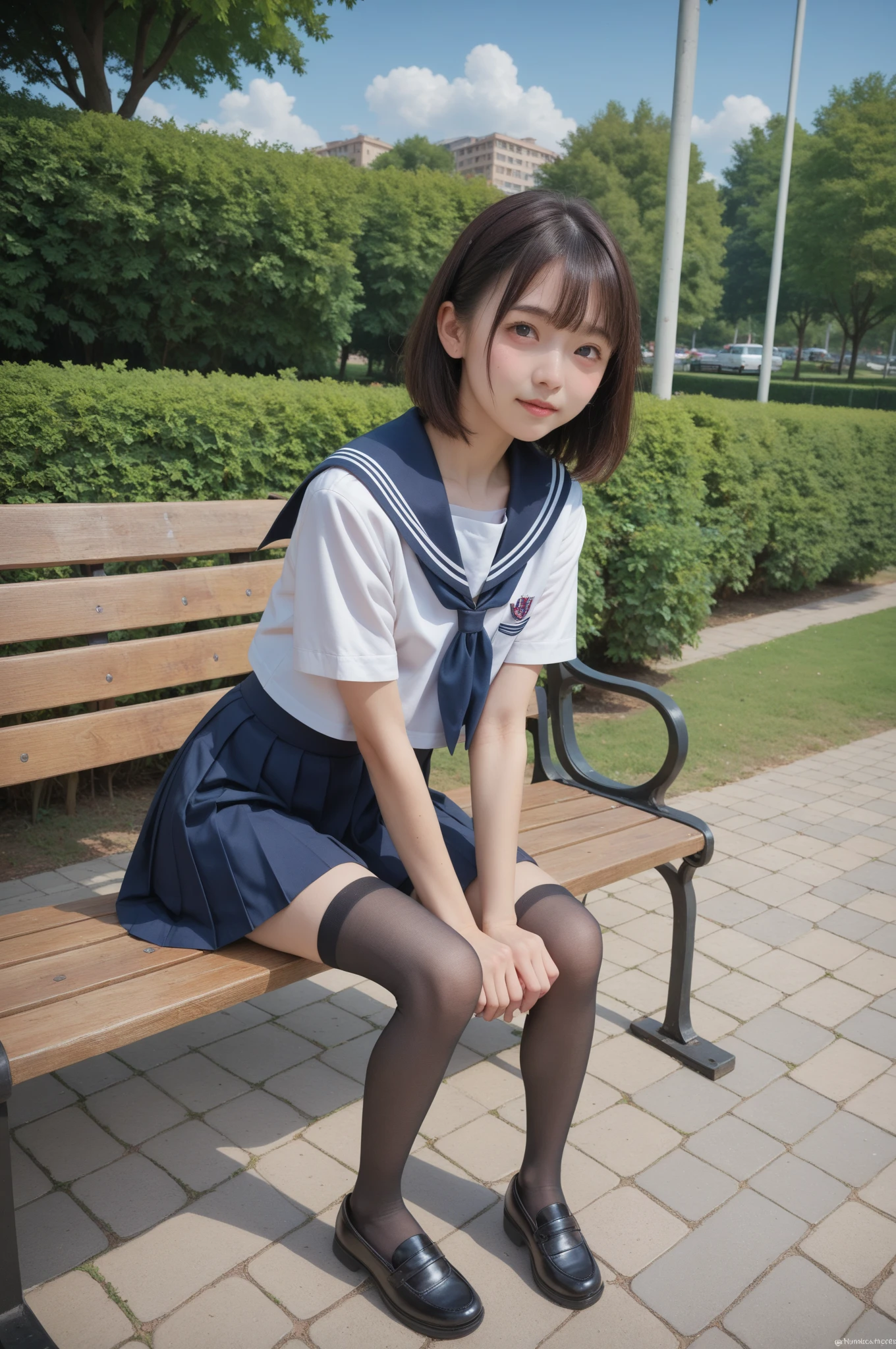   sailor suit ,***************************, cute girl,masterpiece,4K,8k,16k,  black stockings,  sit on a park bench , is short