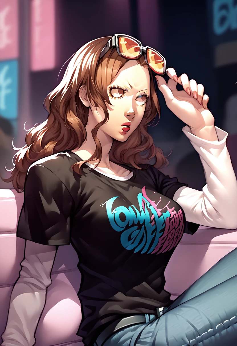 1 girl, sunglasses over head, lipstick, black t-shirt, clothes writing, layered sleeves, large breasts, jeans, Ai Ebihara, brown hair, brown eyes,