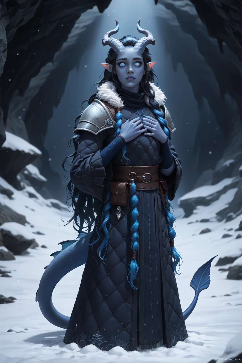 (A snow-covered cedar ,  the winter cedar forest against the background of ), (1Тiefling ,  dark blue-gray skin :1.5), ( very thick long tiefling dragon tail :1.5), ( long black flowing hair with dark blue tips:1.4), ( the bright blue-black pigmentation on the face :1.5), (blue-black freckles :1.2) , ( 2little fins on their heads :1.4), (bright blue-grey pupils,  Black eyes :1.4), ( blue-black pigmentation on the skin :1.5), ( dark grey straight short horns ), ( blue and black pigmentation on the tail :1.5),  girl  , (kind face), (на лице эмоции от coldа), (coldно:1.2), [curiosity ], (35 years old:1.5), (adult:1.2), (Deep look:1.3), (запорошена в  snow у:1.1) , (покрыта  snow ом), (ежится от coldа:1.1) , ( frost on eyelashes :1.1), ( fur collar armor), (белый  snow  на голове:1.2), ( fur armor ), ( snow  на рогах и на голове:1.2), (chainmail), (you can see pigmentation on his shoulder ), (tail protection), (hands pressed to chest:1.3), (трясётся от coldа:1.1), [ snowy winter ], (visible in full), ( stands in front of the entrance to a dark cave :1.6), (очень coldно), (dark:1.2), (blizzard,  snow , cold) , ( is standing with your back:1.2), ( looks expectantly over his shoulder :1.6), ( top quality ), ( masterpiece fails), ( highest detail),  fantasy background, blue tones, Dark tones, dark shades,  muted colors, [Night], (a dark scary cave in the background:1.3).