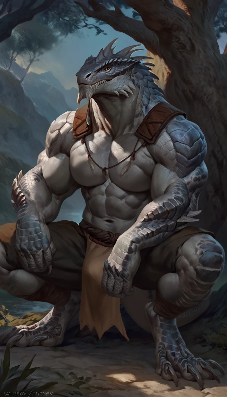 Muscular monster lizardfolk, solo, mercenary, gray body, black belly, 1male solo, anthro, bara, muscular, wide back, small waist, thick tail, thick scales on the shoulders, marked jaw, pecs, big pecs, pants, tribal clothing, loincloth, full body, comicbook style, sitting on a tree, night time,  best quality, 4k, ultra-detailed, by laobai, by taran fiddler, by honovy, by null-ghost, by thebigslick