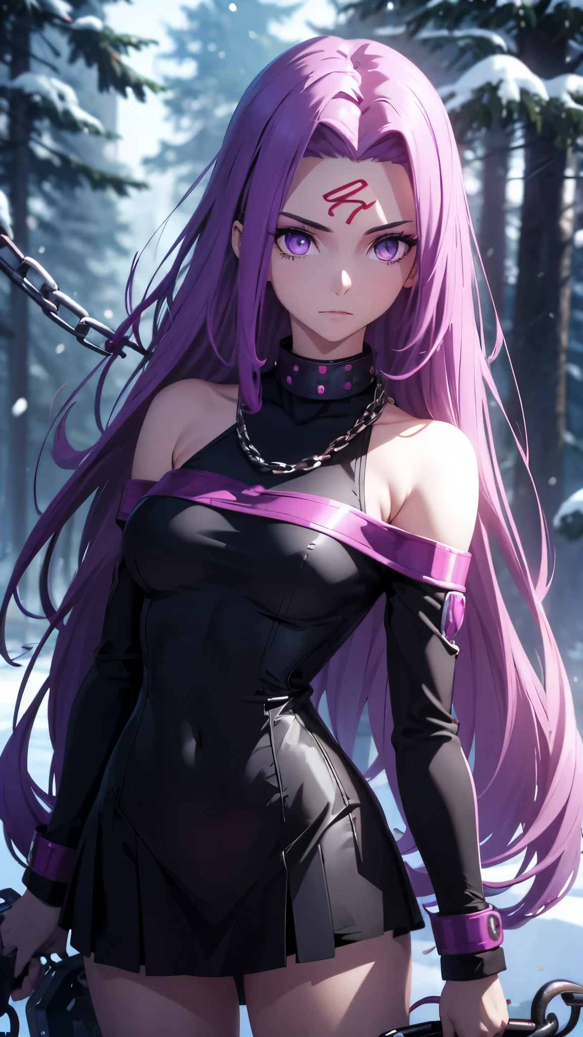 1 woman, medusa, purple long hair, There is a pattern on the forehead, BREAK, black dress, Tight clothes that clearly show your body line, off shoulder, mini skirt, cool look, (forward leaning posture), (chain, handle the chain, the chain is moving violently), it's snowing, in the forest, night, CG, unity, 8k, wallpaper, highest quality, masterpiece, complex pupils, complex textile, detailed background