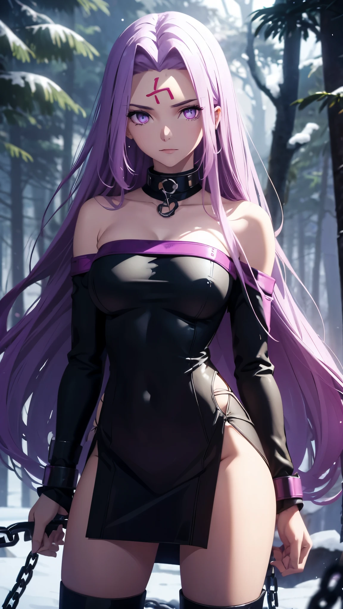 1 woman, medusa, purple long hair, There is a pattern on the forehead, BREAK, black dress, Tight clothes that clearly show your body line, off shoulder, mini skirt, cool look, (forward leaning posture), (chain, handle the chain, the chain is moving violently), it's snowing, in the forest, night, CG, unity, 8k, wallpaper, highest quality, masterpiece, complex pupils, complex textile, detailed background