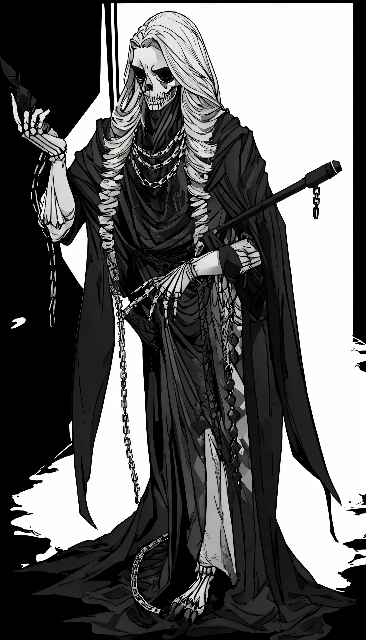 skeleton, Men , flowing black robe,  chains and skulls , holding microphone,,  long hair , rock clothes