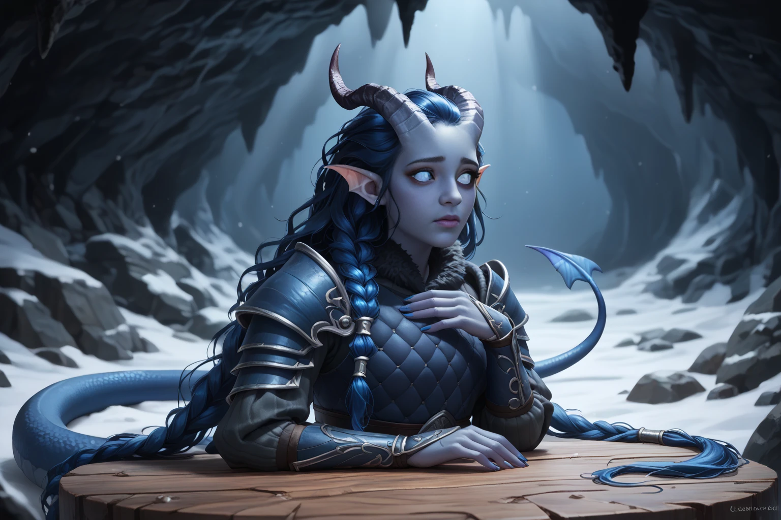 (A snow-covered cedar ,  the winter cedar forest against the background of ), (1Тiefling ,  dark blue-gray skin :1.5), ( very thick long tiefling dragon tail :1.5), ( long black flowing hair with dark blue tips:1.4), ( the bright blue-black pigmentation on the face :1.5), (blue-black freckles :1.2) , ( 2little fins on their heads :1.4), (bright blue-grey pupils,  Black eyes :1.4), ( blue-black pigmentation on the skin :1.5), ( dark grey straight short horns ), ( blue and black pigmentation on the tail :1.5),  girl  , (kind face), (на лице эмоции от coldа), (coldно:1.2), [curiosity ], (35 years old:1.5), (adult:1.2), (Deep look:1.3), (запорошена в  snow у:1.1) , (покрыта  snow ом), (ежится от coldа:1.1) , ( frost on eyelashes :1.1), ( fur collar armor), (белый  snow  на голове:1.2), ( fur armor ), ( snow  на рогах и на голове:1.2), (chainmail), (you can see pigmentation on his shoulder ), (tail protection), (hands pressed to chest:1.3), (трясётся от coldа:1.1), [ snowy winter ], (visible in full), (there is a stone table in front of the entrance to a dark gloomy cave :1.6), ( in the cave with various stone and wooden animal figures on the table:1.6), (очень coldно), (dark:1.2), (blizzard,  snow , cold) , ( is standing with your back:1.2), ( looks expectantly over his shoulder :1.6), ( top quality ), ( masterpiece fails), ( highest detail),  fantasy background, blue tones, Dark tones, dark shades,  muted colors, [Night], (a dark scary cave in the background:1.3).