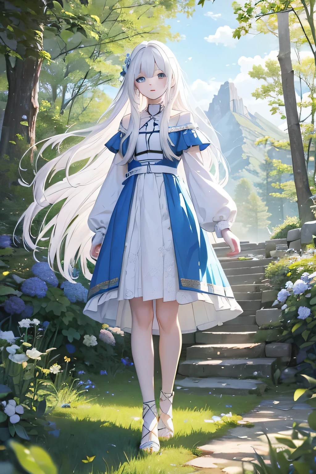 Animer girl korean style semi realistic perfect most beautiful long white hair blue eyes, white eyelashes, farm girl apothecaru, medieval fantasy world, living in the forest, walking in the mountais to collect ervs, feeling the wind in the hair, white skin, most beautiful, poporcelains skin, pinkish lips, delicate, most beautiful, forest, blue sky, sun rising, full body