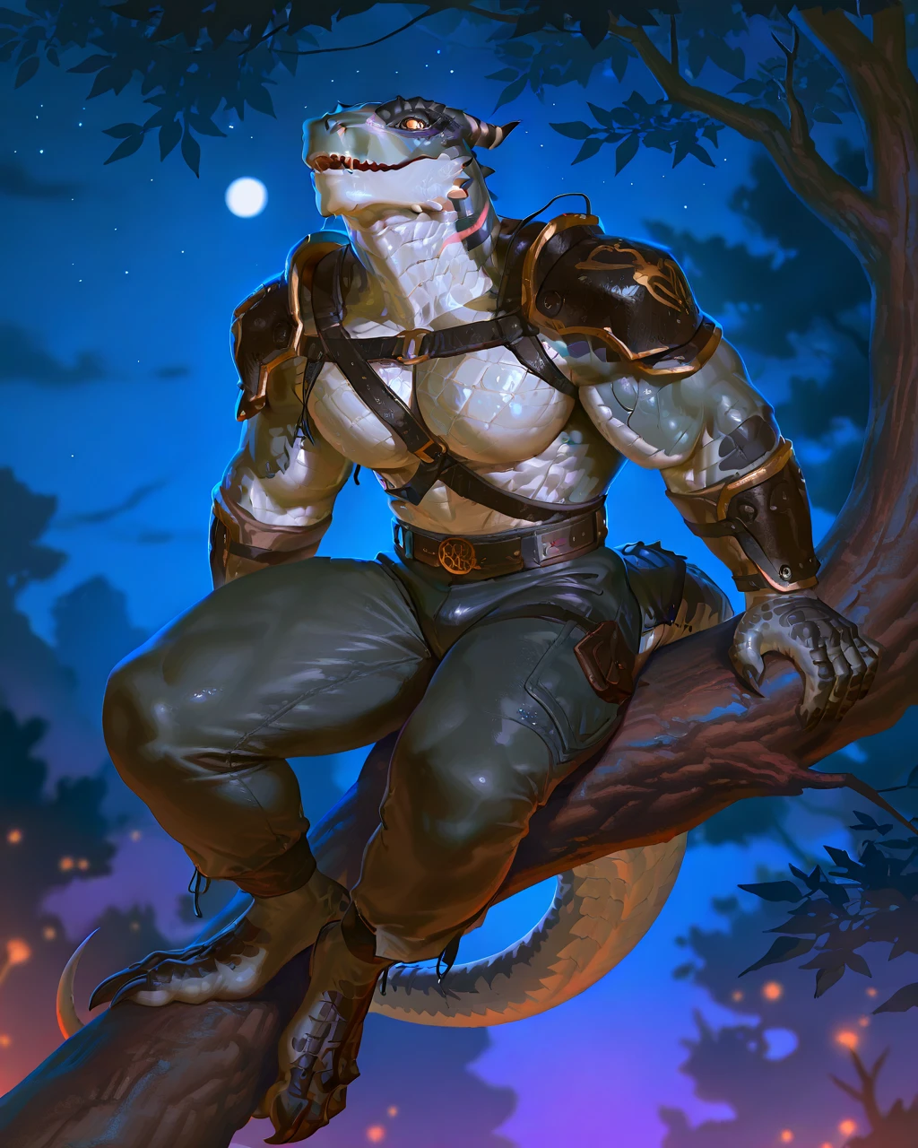 Muscular monster lizardfolk, solo, pants, mercenary, blue tongued skink lizardfolk, gray body, strong, 1male solo, anthro, bara, muscular, open mouth, small waist, thick tail, thick scales on the shoulders, marked jaw, pecs, big pecs, pants, full body, comicbook style, sitting on a tree, night time, best quality, 4k, ultra-detailed, by laobai, by taran fiddler, by honovy, by null-ghost, by thebigslick