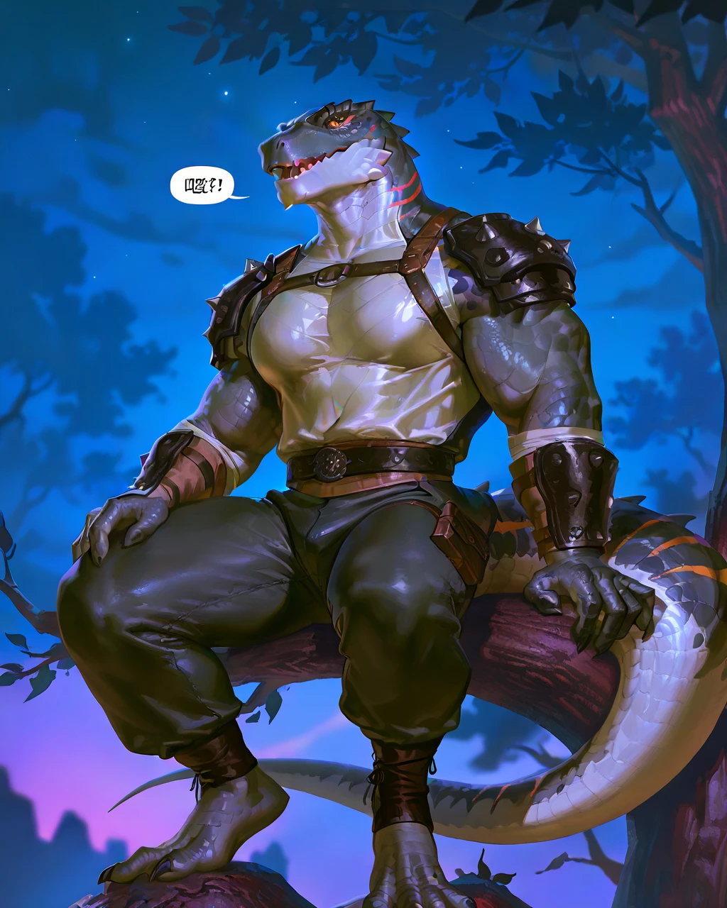 Muscular monster lizardfolk, solo, pants, mercenary, blue tongued skink lizardfolk, gray body, strong, 1male solo, anthro, bara, muscular, open mouth, small waist, thick tail, thick scales on the shoulders, marked jaw, pecs, big pecs, pants, full body, comicbook style, sitting on a tree, night time, best quality, 4k, ultra-detailed, by laobai, by taran fiddler, by honovy, by null-ghost, by thebigslick