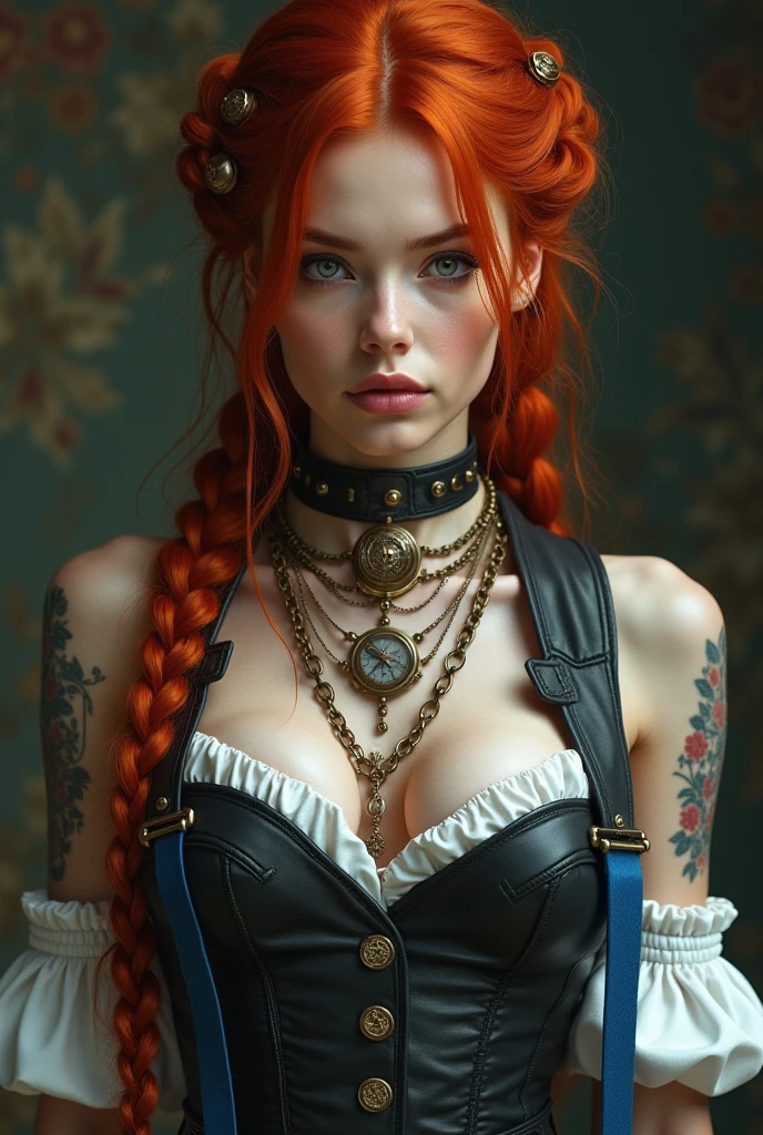 cinematic photorealistic photography, a steampunk girl in a, (white top: 1.2), black and blue leather outfit, tattoo, hyper detailed, ultra sharp, long red hair in braids, 8k, (insanely detailed: 1.5), full shot photography, 200 megapixels, cinematic lighting, detailed skin, masterpiece,