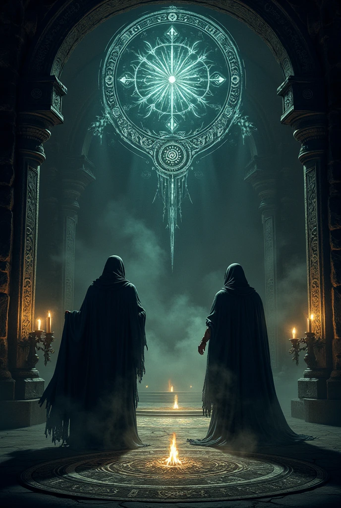Imagine a mystical design featuring the word ARCANA in bold, ornate letters with intricate details and subtle mystical symbols