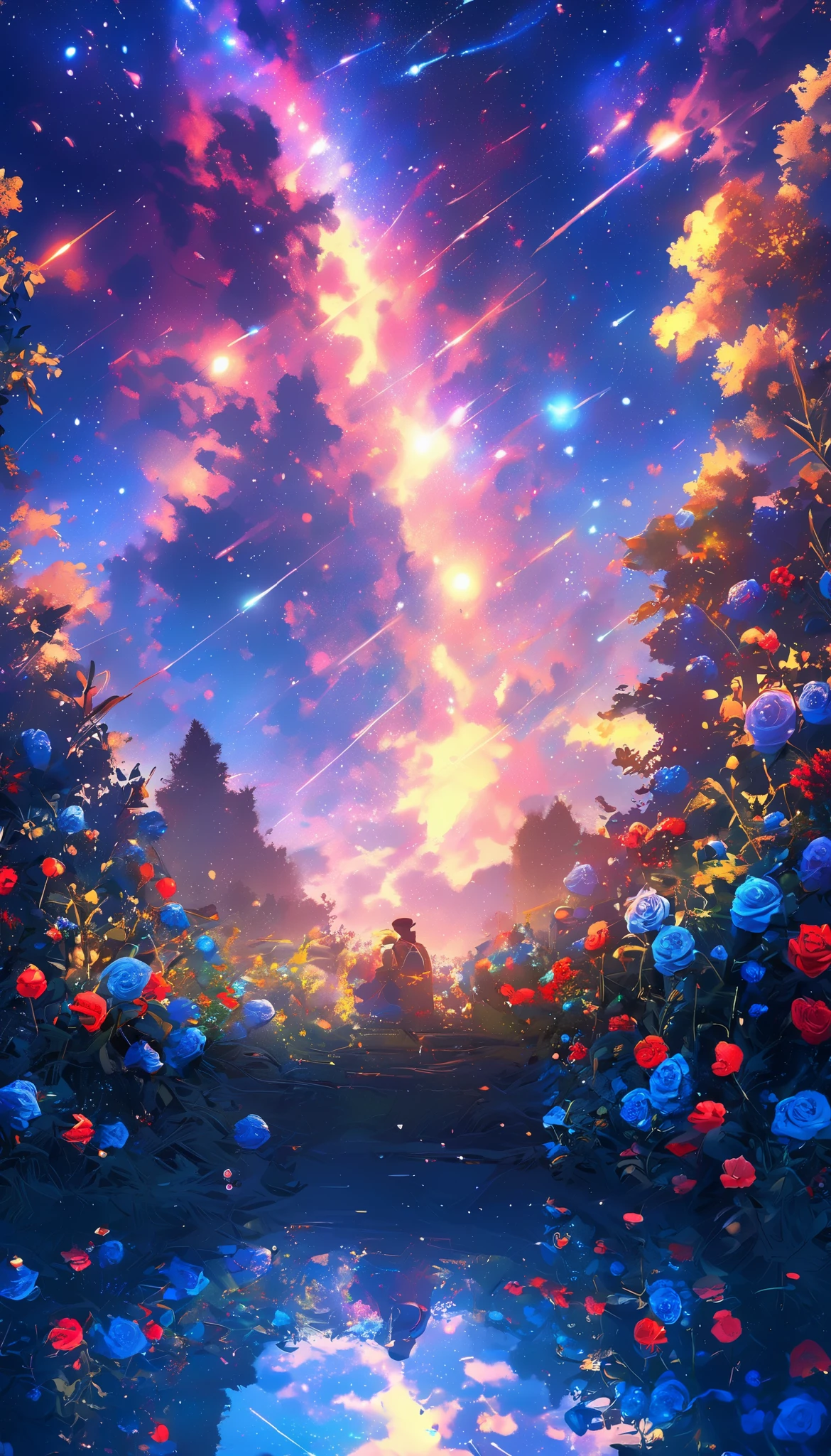 Masterpiece, Concept Art, Panorama, Wide Shot, Garden, Night , (Meteor), Space Galaxy Background, (Great Composition, Epic Scale), Dynamic Lighting, Bright Color, Blue Roses, Landscape, Sad, Casting Shadow, Anaglyph, Stereogram, Standing, Atmospheric Perspective, Wide Shot, reflected light, 8k, super detailed, top quality, anatomically correct, green, realistic and realistic, motion blur, top quality
