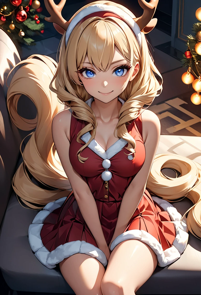 (masterpiece, best quality, detailed), 1girl, solo, looking at viewer, psgpanty, hoop earrings,
<lora:hot_christmas:0.9>, hot christmas, red dress, fur trim, <lora:FittingRoom:0.6>, fitting room, curtains, arms behind head, smile, open mouth