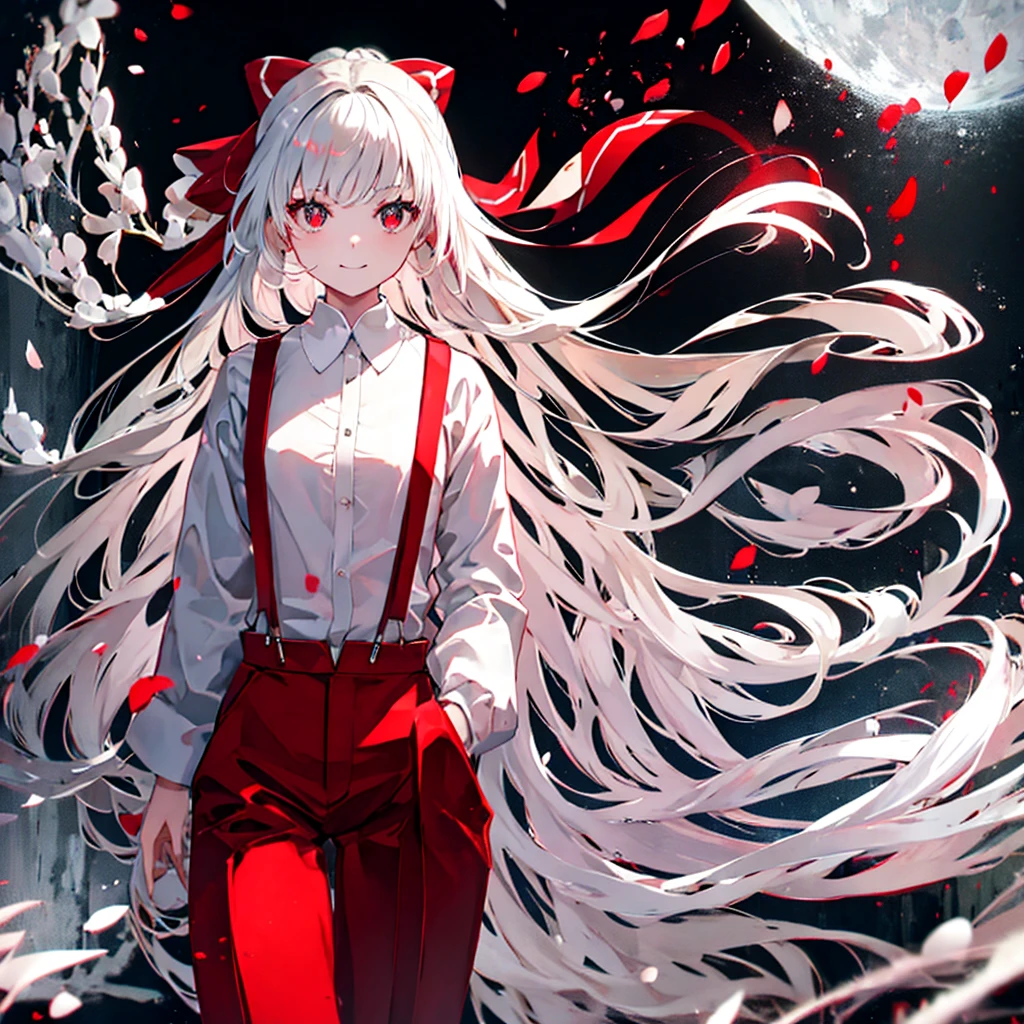 Fujiwara Meihong、East、 1 girl、anime、Red long pants with plenty of room、Red suspenders、 white shirt、smile、winter、Snow Scene、 beautiful、 top quality 、 Highest Masterpieces、 Perfect Face 、 Pretty Face 、 long white hair 、 large red and white ribbon on the head、赤1色の beautiful瞳、