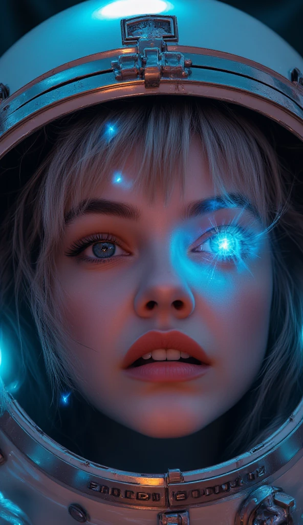 (Close-up of a better masterpiece:1.5)0.9], (Space and astronauts:1.2) (Messy silver hair:1.1) (Heterochromia xanthochromia and blue eyes:1.2) (Space Helmet:1.0) (Colored stars in the eyes:1.0) (A radiant glow:1.1) (thick lips:0.9)