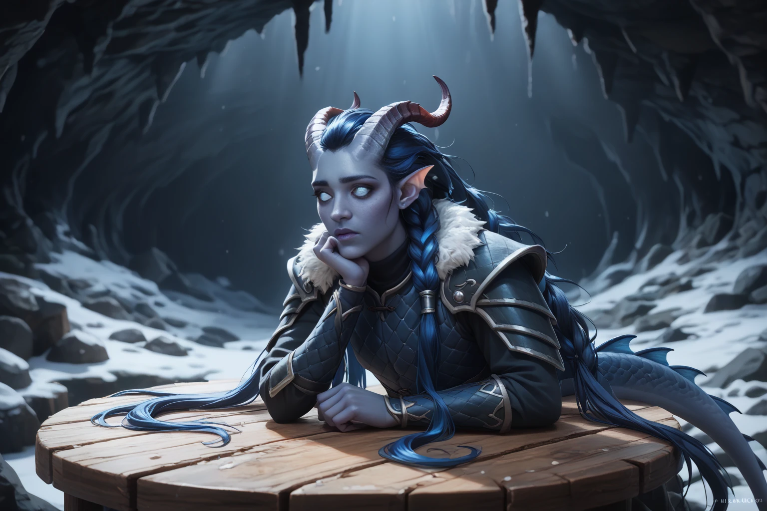 (A snow-covered cedar ,  the winter cedar forest against the background of ), (1Тiefling ,  dark blue-gray skin :1.5), ( very thick long tiefling dragon tail :1.5), ( long black flowing hair with dark blue tips:1.4), ( the bright blue-black pigmentation on the face :1.5), (blue-black freckles :1.2) , ( 2little fins on their heads :1.4), (bright blue-grey pupils,  Black eyes :1.4), ( blue-black pigmentation on the skin :1.5), ( dark grey straight short horns ), ( blue and black pigmentation on the tail :1.5),  girl  , (kind face), (на лице эмоции от coldа), (coldно:1.2), [curiosity ], (35 years old:1.5), (adult:1.2), (Deep look:1.3), (запорошена в  snow у:1.1) , (покрыта  snow ом), (ежится от coldа:1.1) , ( frost on eyelashes :1.1), ( fur collar armor), (белый  snow  на голове:1.2), ( fur armor ), ( snow  на рогах и на голове:1.2), (chainmail), (you can see pigmentation on his shoulder ), (tail protection), (hands pressed to chest:1.3), (трясётся от coldа:1.1), [ snowy winter ], (visible in full), (there is a stone table in front of the entrance to a dark gloomy cave :1.6), ( in the cave large stone table with various stone and wooden patterned animal figures on the table:1.6), (large crushed uneven stone table ), (очень coldно), (dark:1.2), (blizzard,  snow , cold) , ( is standing with your back:1.2), ( looks expectantly over his shoulder :1.6), ( top quality ), ( masterpiece fails), ( highest detail),  fantasy background, blue tones, Dark tones, dark shades,  muted colors, [Night], (a dark scary cave in the background:1.3).