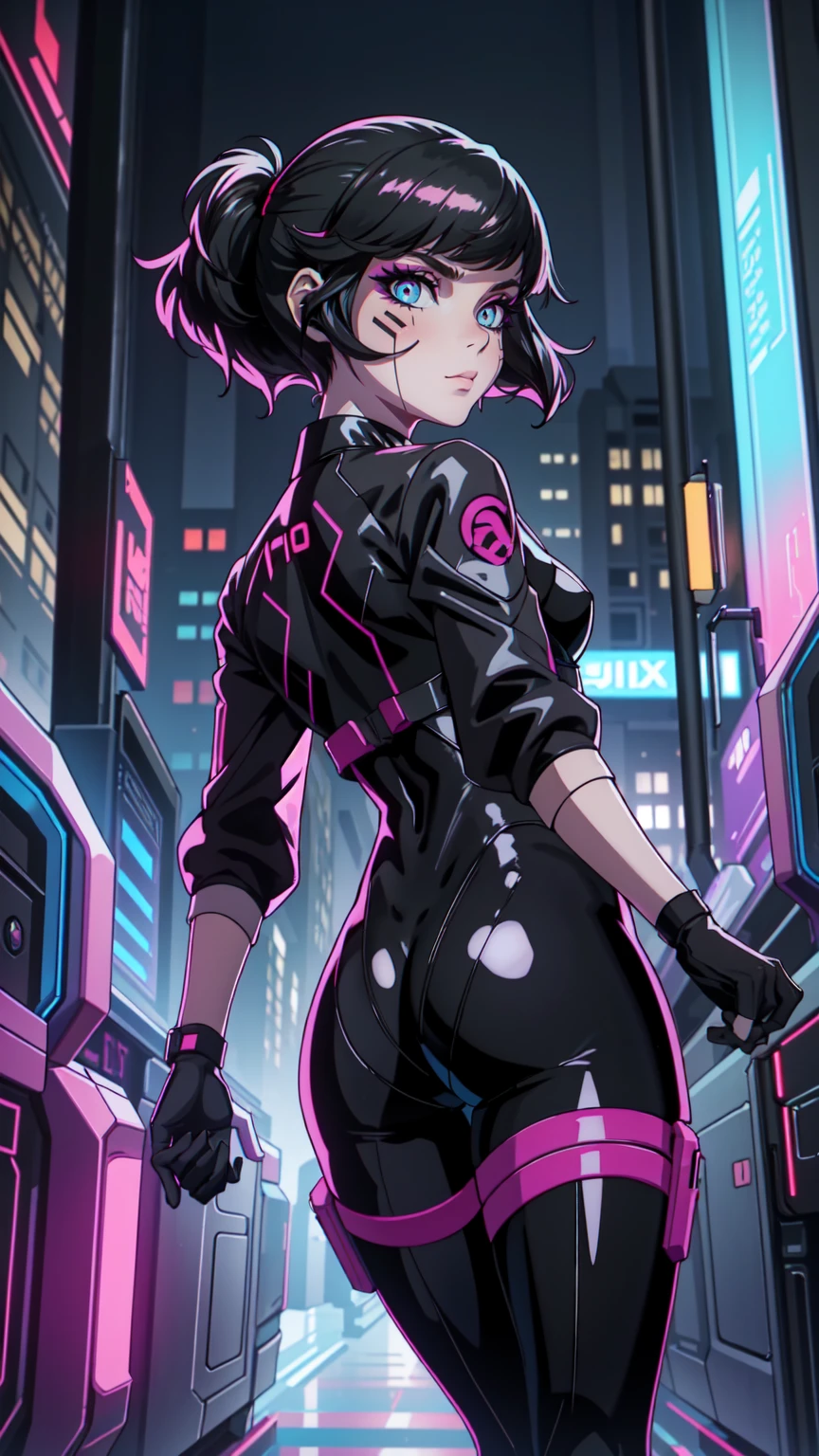 (8k),(masterpiece),(Japanese),(8-year-old girl),((innocent look)),((Childish)),From the front,smile,cute,Innocent,Kind eyes,Flat chest,Hairless vagina, Cameltoe, Uchiha Sarada, glasses,short,Hair blowing in the wind,Black Hair,Strong wind,night,dark, Neon light cyberpunk Konoha Village