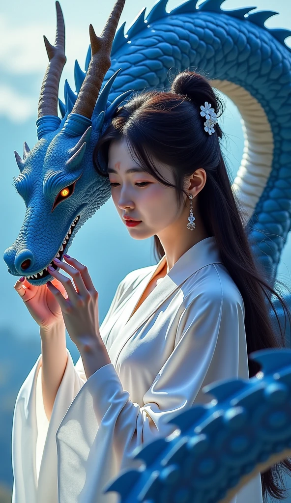 Brown hair girl and blue and white dragon