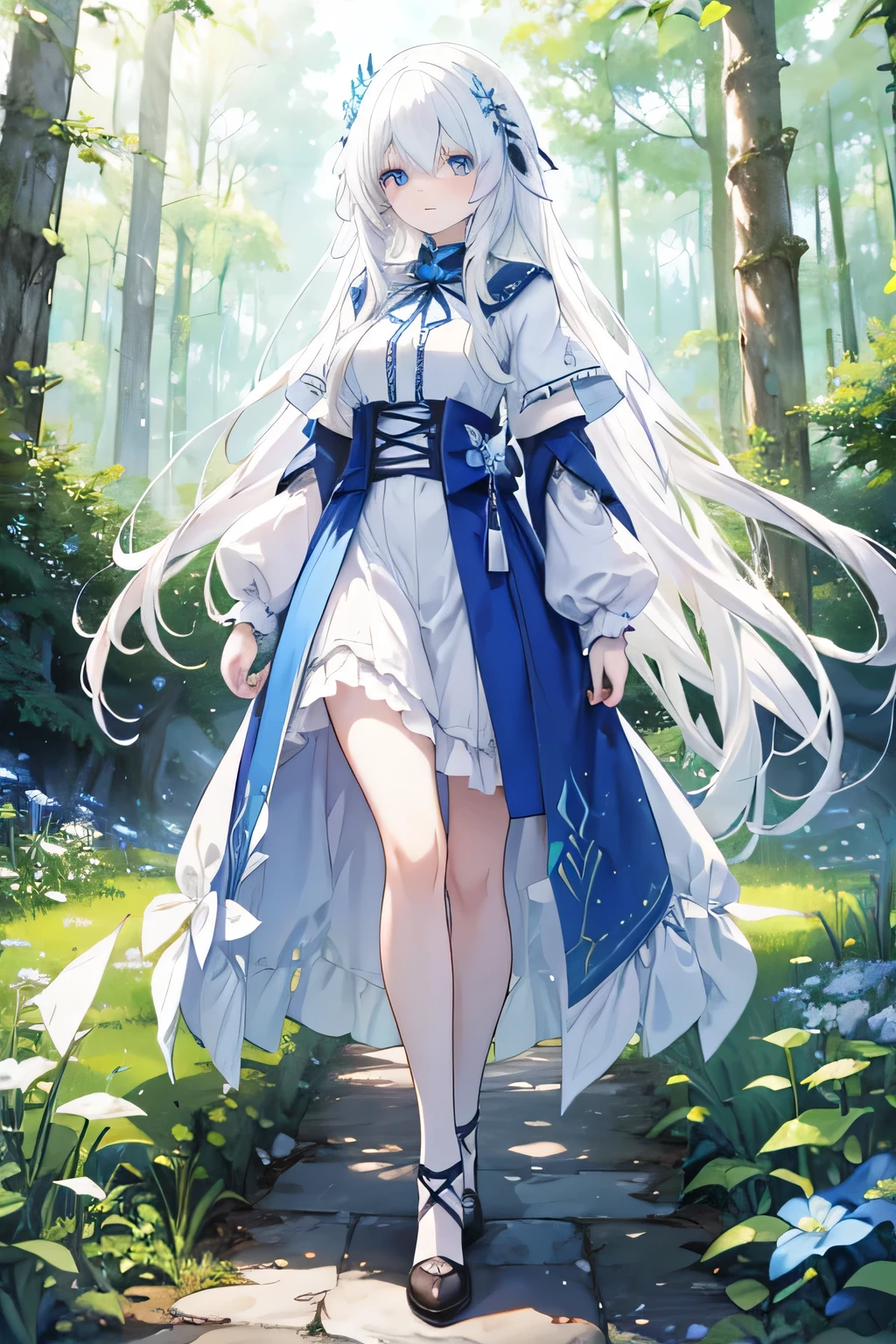 Animer girl perfect most beautiful long white hair blue eyes, white eyelashes, farm girl apothecaru, medieval fantasy world, living in the forest, walking in the mountais to collect ervs, feeling the wind in the hair, white skin, most beautiful, poporcelains skin, pinkish lips, delicate, most beautiful, forest, blue sky, sun rising, full body