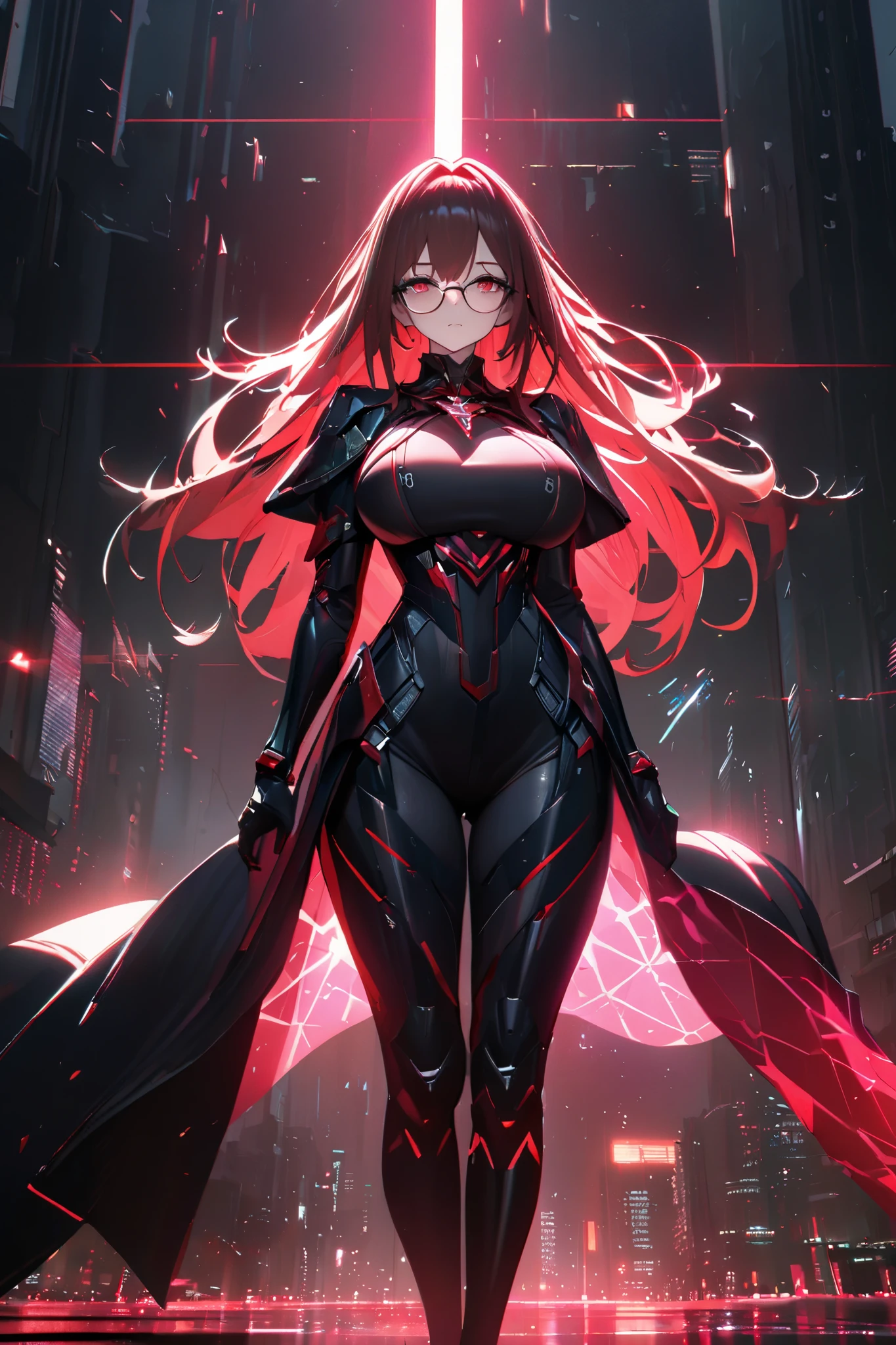 1 , High resolution , Alone, long hair, big breasts neckline , serius eyes, red eyes , Ruby Jewelry , Eyes hight quality and grafics, masterpiece , best quality, detail, details altos, high quality, Ultra HD, Textured Skin , futuristic clothes neckline , wear glasses, Cinematic, Motor Unreal, silhouette, cast shadow , External shine, Stereogram, bright light, reflected light, Rays of Divine Light , ray tracing , background with a city with red and black lights, red star in background, red electric ray effects on the background, imperial pose, cape in back, big ass,