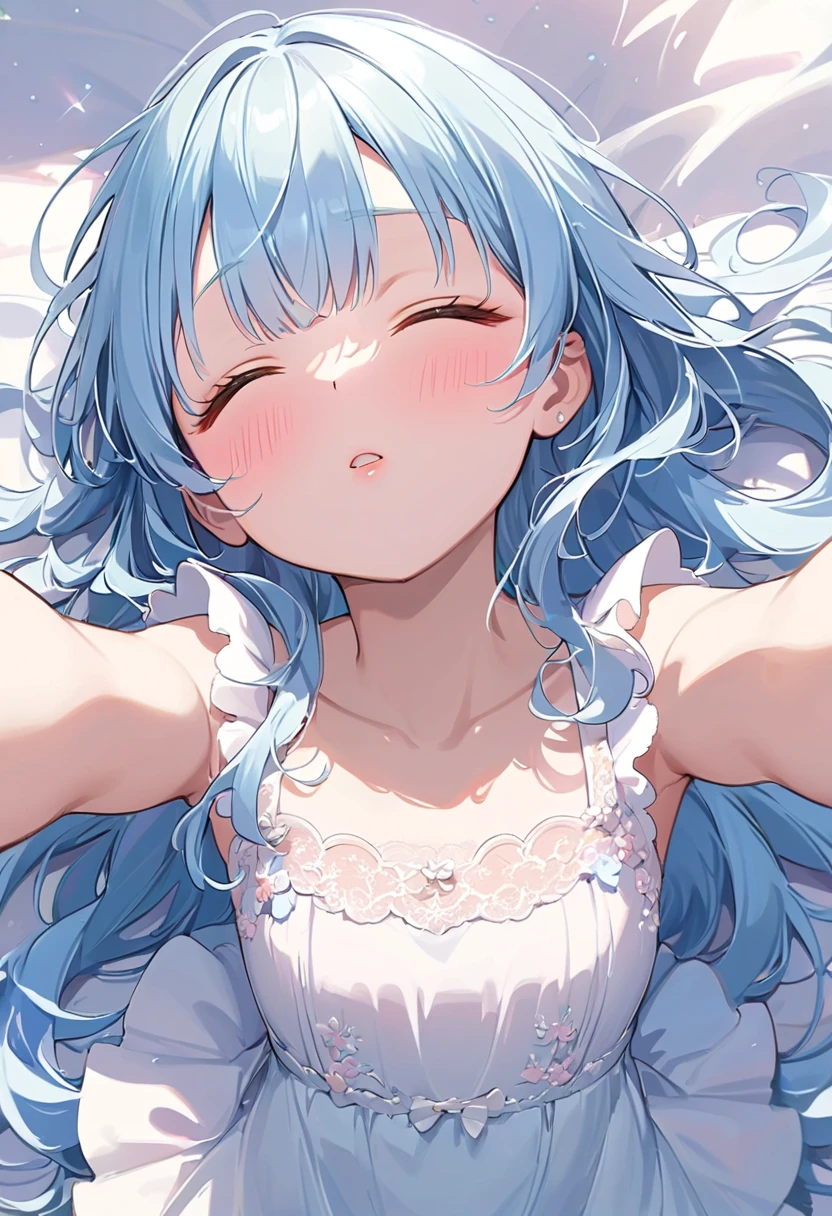 asterpiece, best quality, extremely detailed, (illustration, official art:1.1), 1 girl ,(((( light blue long hair)))), ,(((( light blue long hair)))),light blue hair, , long hair ((blush)) , cute face,masterpiece, best quality,(((((a very delicate and beautiful girl))))),Amazing,blunt bangs((((little delicate girl)))),tareme(true beautiful:1.2), sense of depth,dynamic angle,,,young,, (true beautiful:1.2),,(tiny 1girl model:1.2),)(flat chest)、1 girls, solo, , closed eyes, parted lips, lips, blush, front view, from above, , looking up, upper body close-up, (spread arms, hands are out of frame:1.3),White knit