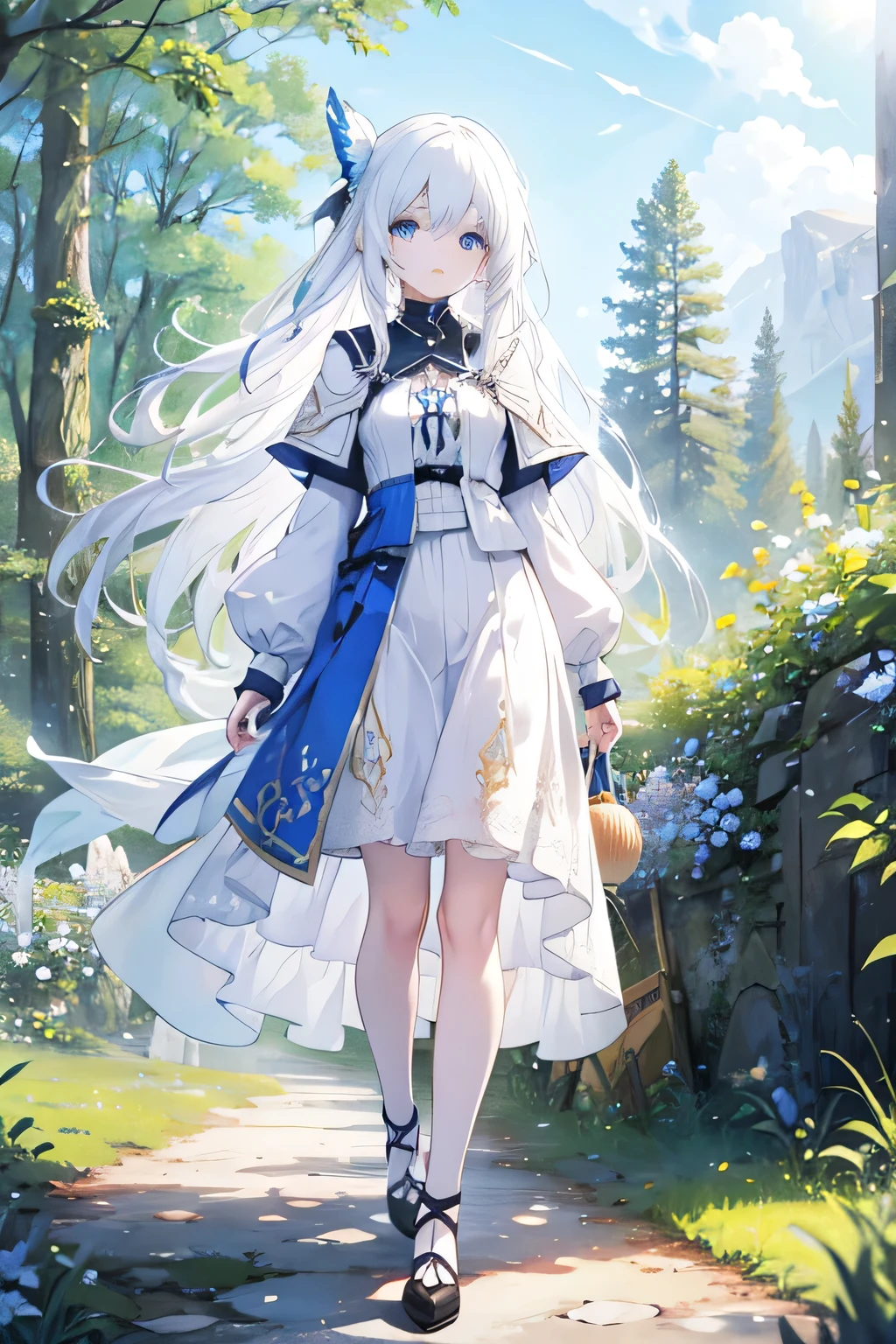 Animer girl perfect most beautiful long white hair blue eyes, white eyelashes, farm girl apothecaru, medieval fantasy world, living in the forest, walking in the mountais to collect ervs, feeling the wind in the hair, white skin, most beautiful, poporcelains skin, pinkish lips, delicate, most beautiful, forest, blue sky, sun rising, full body