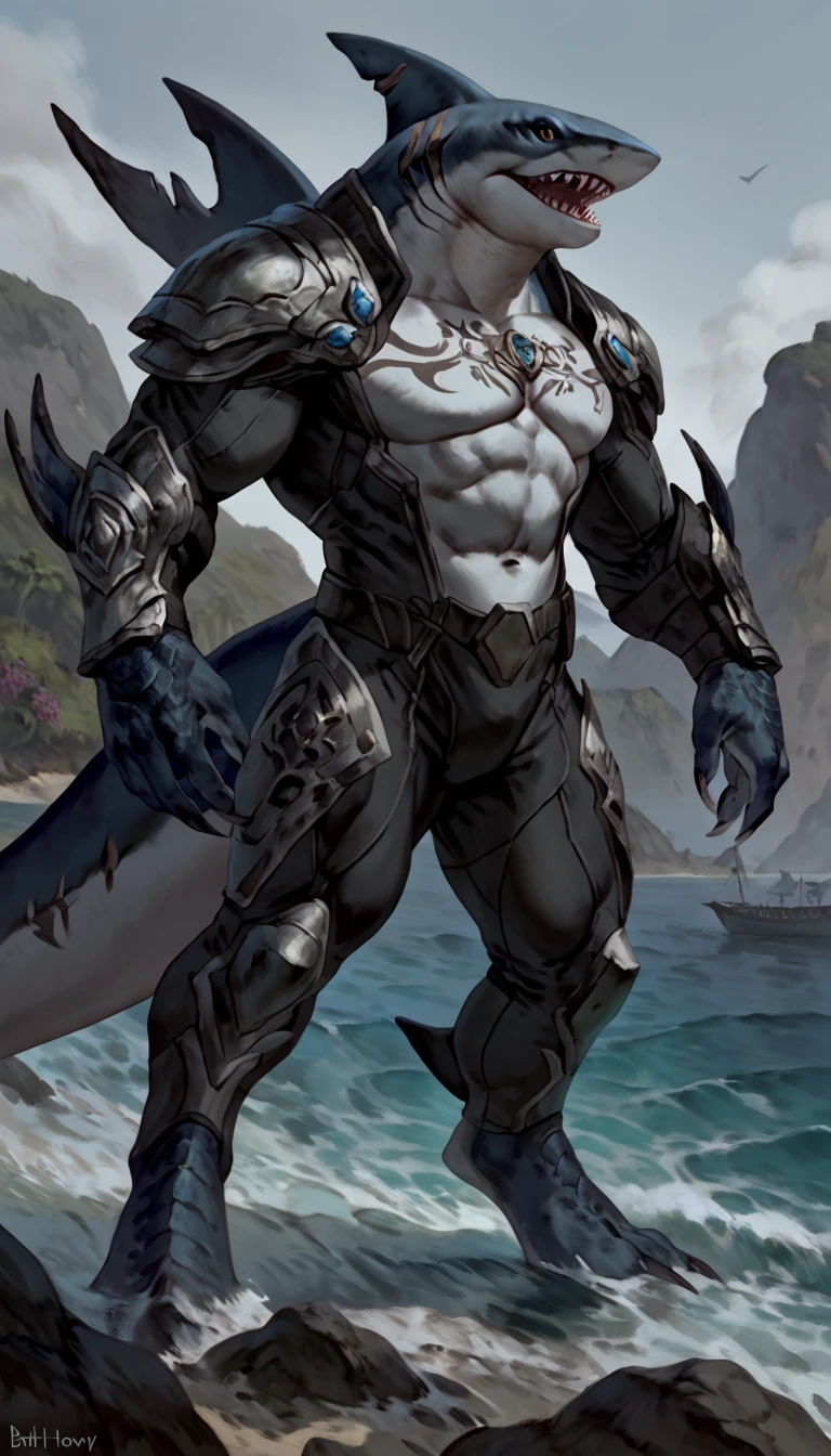 sharkman, megalodon anthro shark, black and blue hands and fins, black back, solo, big arms, koholasaurus from genshin impact, bara, detailed smooth skin, lizard shark hybrid, anthro, closed mouth, predatory grin, detailed scales, muscular, thick scales on arms and legs, proporcional body, wide chest, trapezoid body type, marked jaw, thick shark tail, armless full bodysuit, best quality, 4k, ultra-detailed, by Buta99, by honovy, detailed illustration of 4K horror, island beach scenery, wearing armor, tribal shark tattoos on the body, standing near water