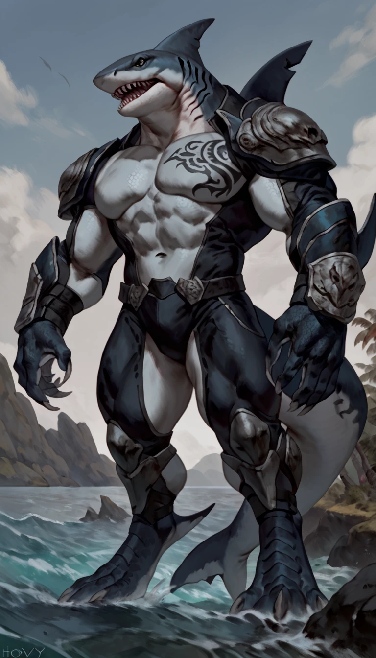 sharkman, megalodon anthro shark, black and blue hands and fins, black back, solo, big arms, koholasaurus from genshin impact, bara, detailed smooth skin, lizard shark hybrid, anthro, closed mouth, predatory grin, detailed scales, muscular, thick scales on arms and legs, proporcional body, wide chest, trapezoid body type, marked jaw, thick shark tail, armless full bodysuit, best quality, 4k, ultra-detailed, by Buta99, by honovy, detailed illustration of 4K horror, island beach scenery, wearing armor, tribal shark tattoos on the body, standing near water