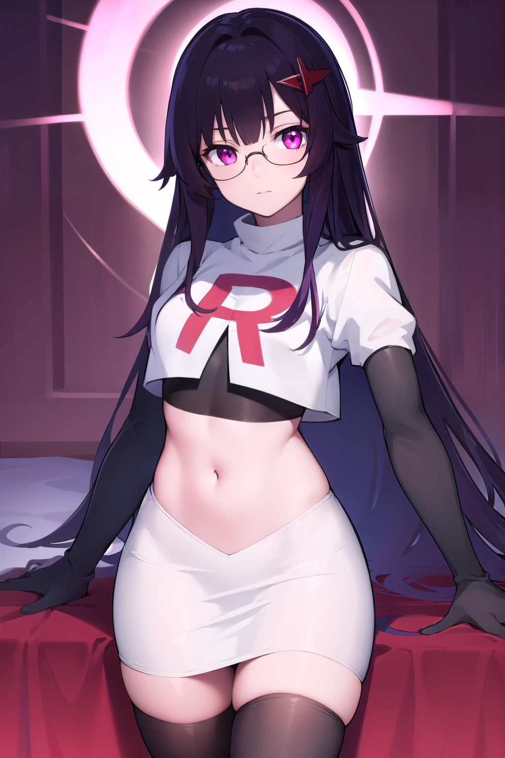 honkaisparkle, black hair, colored inner hair, glasses, hair intakes, hair ornament, hairclip, long hair, multicolored hair, (pink eyes:1.3), purple hair, straight hair,
BREAK glasses, team rocket,team rocket uniform,white skirt,red letter R,crop top,black thigh-highs,black elbow gloves,
BREAK looking at viewer, cowboy shot,
BREAK (masterpiece:1.2), best quality, high resolution, unity 8k wallpaper, (illustration:0.8), (beautiful detailed eyes:1.6), extremely detailed face, perfect lighting, extremely detailed CG, (perfect hands, perfect anatomy),