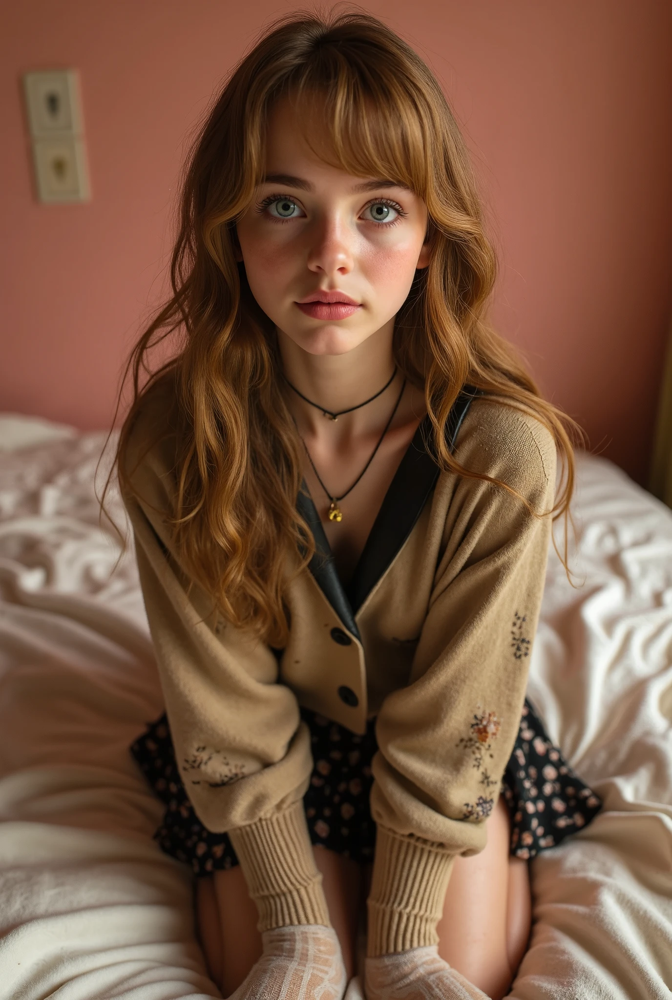 1 girl, girl , pretty face, French girl - ,( French girl ) gorgeous, beautiful , Beautiful, pretty face, pale skin, parts, blond hair , blue eyes , full and shiny lips , big lips, thick lips, Opened lips , light pink lip gloss , Masks, narrow hips, маленькая body , skinny, flat chest , , skinny, body(body высота:140 cm ), The head is large, innocent look, young face, long pink nails, necklace, micro checkered skirt , dirty shoulders cardigan , leather collar, white thick black stockings , kneeled into the bedroom with soft warm with light . ( looks at the viewer from the bottom up ) The colors of the room - peach and white , perfect eyes , очень detailed eyes, amazing green juicy eyes are beautiful and expressive , detailed eyes , 35mm photo , Movie, professional, 4K, Highly detailed dynamic lighting , photorealistic , 8k, raw, rico, complicated details , Design, photorealism , sharp knees , black mesh stockings ,young face, in her girlish bedroom, crumpled bed