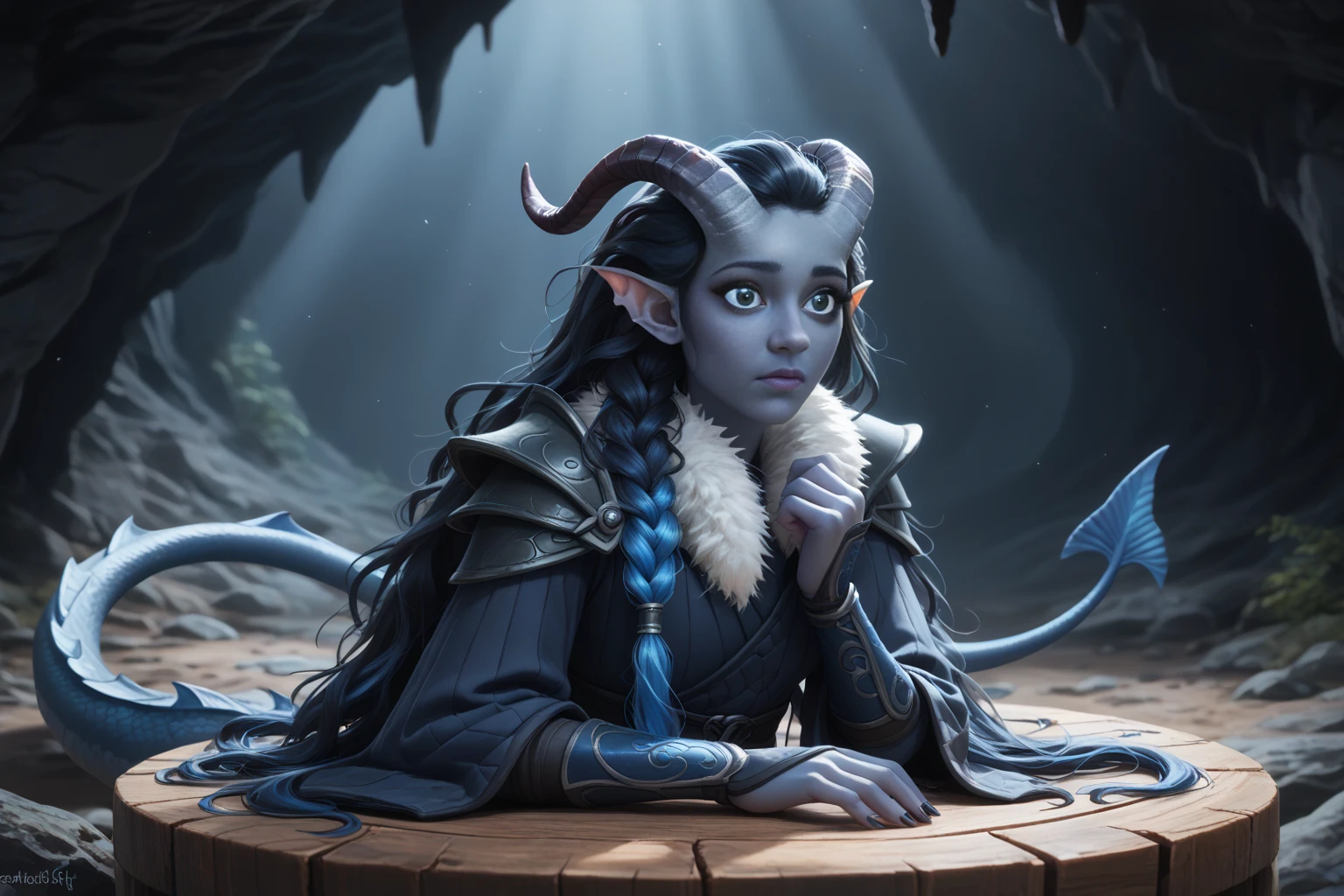 (A snow-covered cedar ,  the winter cedar forest against the background of ), (1Тiefling ,  dark blue-gray skin :1.5), ( very thick long tiefling dragon tail :1.5), ( long black flowing hair with dark blue tips:1.4), ( the bright blue-black pigmentation on the face :1.5), (blue-black freckles :1.2) , ( 2little fins on their heads :1.4), (bright blue-black pupils,  Black eyes :1.7), ( blue-black pigmentation on the skin :1.5), ( dark grey straight short horns ), ( blue and black pigmentation on the tail :1.5),  girl  , (kind face), (на лице эмоции от coldа), (coldно:1.2), [curiosity ], (35 years old:1.5), (adult:1.2), (Deep look:1.3), (запорошена в  snow у:1.1) , (покрыта  snow ом), (ежится от coldа:1.1) , ( frost on eyelashes :1.1), ( fur collar armor), (белый  snow  на голове:1.2), ( fur armor ), ( snow  на рогах и на голове:1.2), (chainmail), (you can see pigmentation on his shoulder ), (tail protection), (hands pressed to chest:1.3), (трясётся от coldа:1.1), [ snowy winter ], (visible in full), (there is a stone table in front of the entrance to a dark gloomy cave :1.6), (in the cave, a large rectangular stone table :1.6), ( There are stone and wooden figurines of various animals on a large rectangular stone table:1.7), (large crushed uneven stone table ), (очень coldно), (dark:1.2), (blizzard,  snow , cold) , ( is standing with your back:1.2), ( looks expectantly over his shoulder :1.6), ( top quality ), ( masterpiece fails), ( highest detail),  fantasy background, blue tones, Dark tones, dark shades,  muted colors, [Night], (a dark scary cave in the background:1.3).