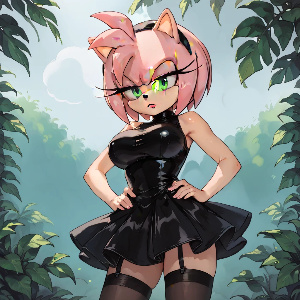 * a hedgehog girl with pink hair , osico peach-colored , green eyes, big breasts,Madura, short hair, a black dress circular ,annoyed, straight with her hands on her waist, painted lips, eye shadow, stockings,a black headband ,annoyed.* 