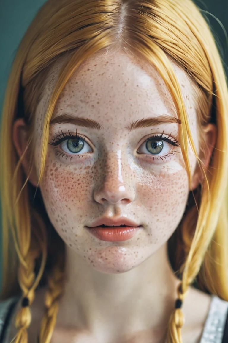 Blonde girl with pigtails and freckled very freckled boluptuosa 