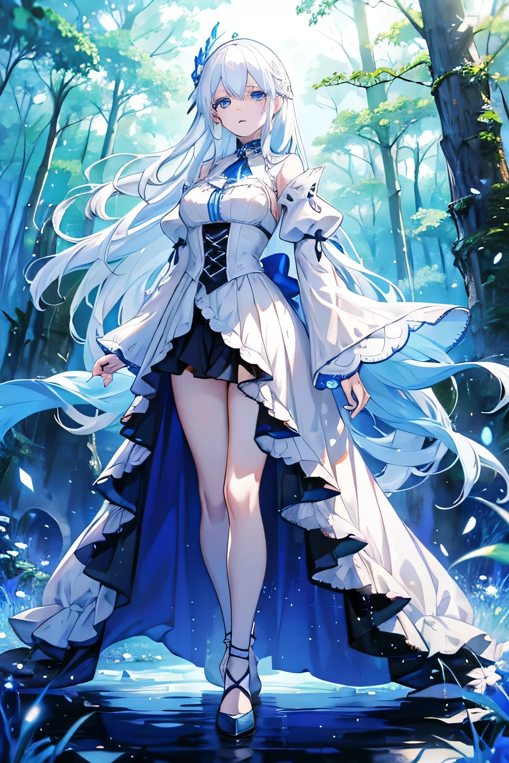 Animer girl perfect most beautiful long white hair blue eyes, white eyelashes, farm girl apothecaru, medieval fantasy world, living in the forest, walking in the mountais to collect ervs, feeling the wind in the hair, white skin, most beautiful, poporcelains skin, pinkish lips, delicate, most beautiful, forest, blue sky, sun rising, full body