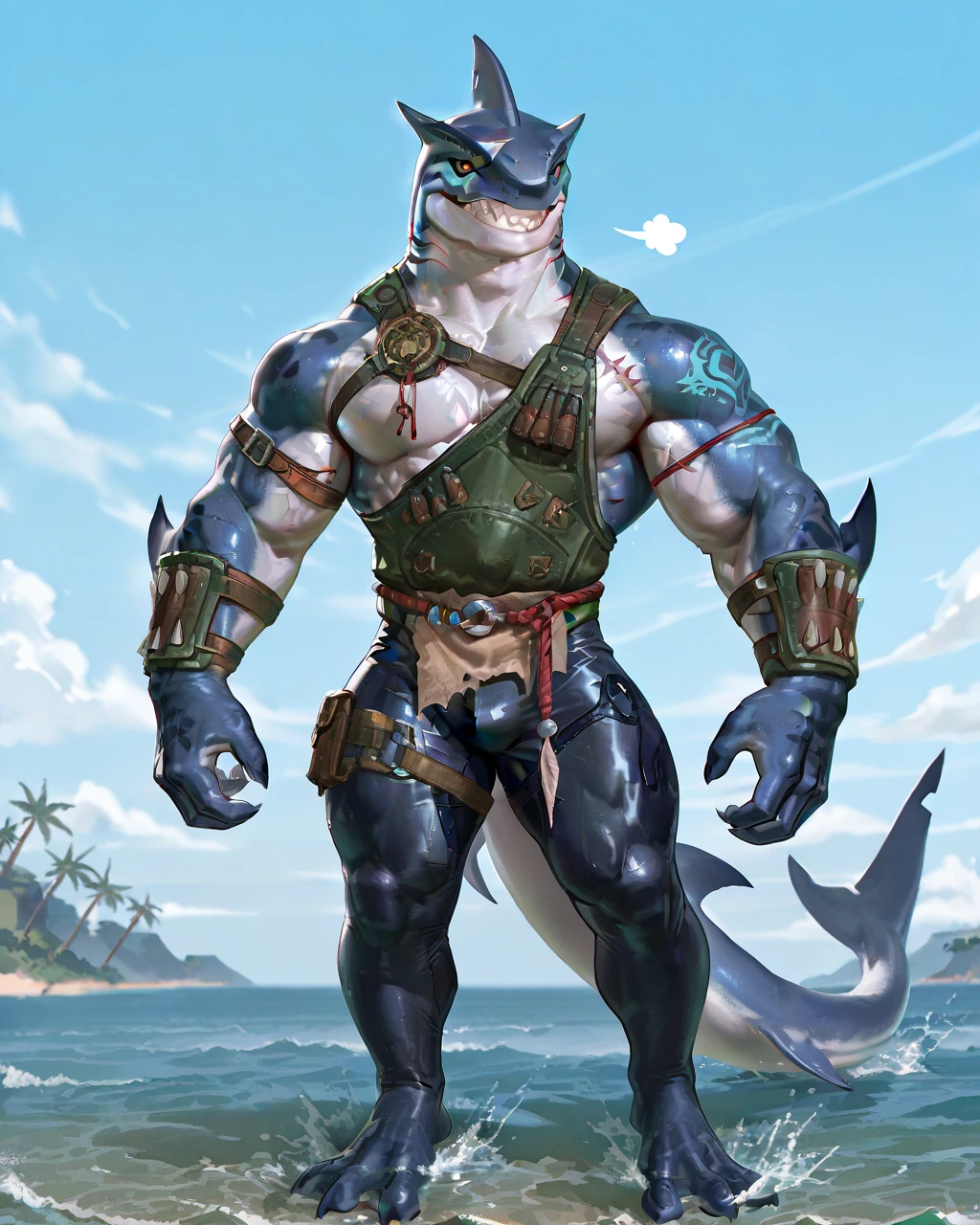 muscular sharkman, megalodon anthro shark, black and blue hands and fins, black back, solo, big arms, koholasaurus from genshin impact, bara, detailed smooth skin, lizard shark hybrid, anthro, closed mouth, predatory grin, detailed scales, muscular, thick scales on arms and legs, proporcional body, wide chest, trapezoid body type, marked jaw, thick shark tail, armless full bodysuit, best quality, 4k, ultra-detailed, by laobai, by taran fiddler, by honovy, by null-ghost, by thebigslick, detailed illustration of 4K horror, island beach scenery, wearing armor, tribal shark tattoos on the body, standing near water