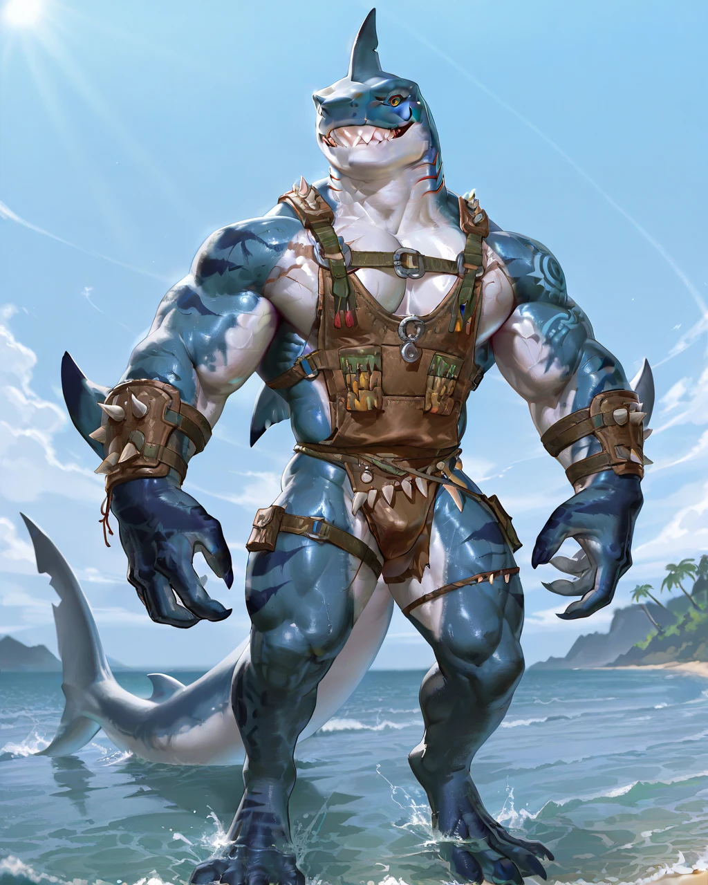 muscular sharkman, megalodon anthro shark, black and blue hands and fins, black back, solo, big arms, koholasaurus from genshin impact, bara, detailed smooth skin, lizard shark hybrid, anthro, closed mouth, predatory grin, detailed scales, muscular, thick scales on arms and legs, proporcional body, wide chest, trapezoid body type, marked jaw, thick shark tail, armless full bodysuit, best quality, 4k, ultra-detailed, by laobai, by taran fiddler, by honovy, by null-ghost, by thebigslick, detailed illustration of 4K horror, island beach scenery, wearing armor, tribal shark tattoos on the body, standing near water